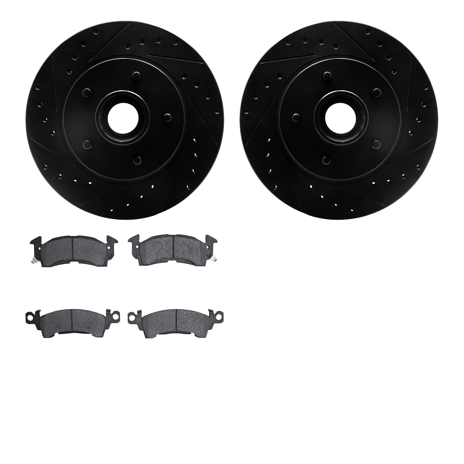 8502-48189 Drilled/Slotted Brake Rotors w/5000 Advanced Brake Pads Kit [Black], 1993-1995 GM, Position: Front