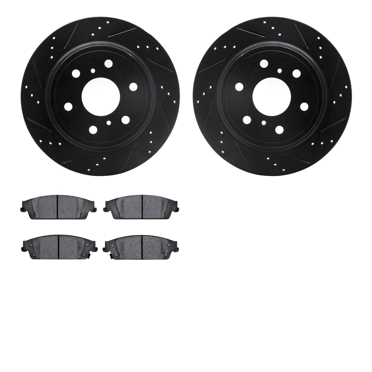8502-48310 Drilled/Slotted Brake Rotors w/5000 Advanced Brake Pads Kit [Black], 2015-2020 GM, Position: Rear