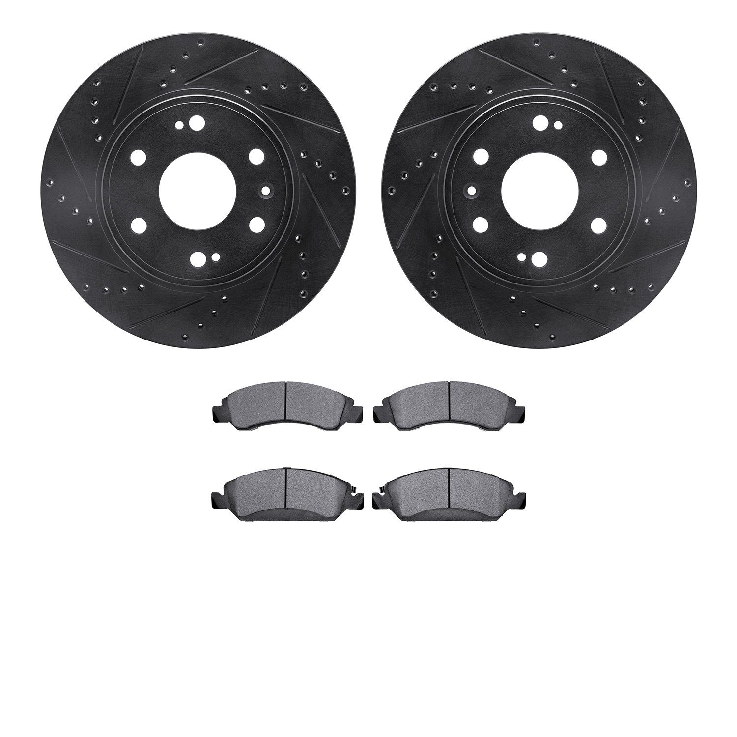 8502-48378 Drilled/Slotted Brake Rotors w/5000 Advanced Brake Pads Kit [Black], 2009-2020 GM, Position: Front