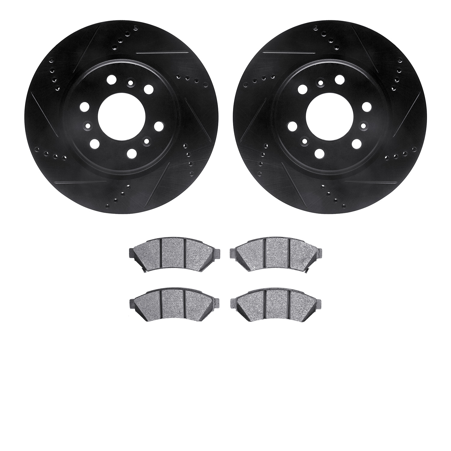 8502-52008 Drilled/Slotted Brake Rotors w/5000 Advanced Brake Pads Kit [Black], 2006-2009 GM, Position: Front