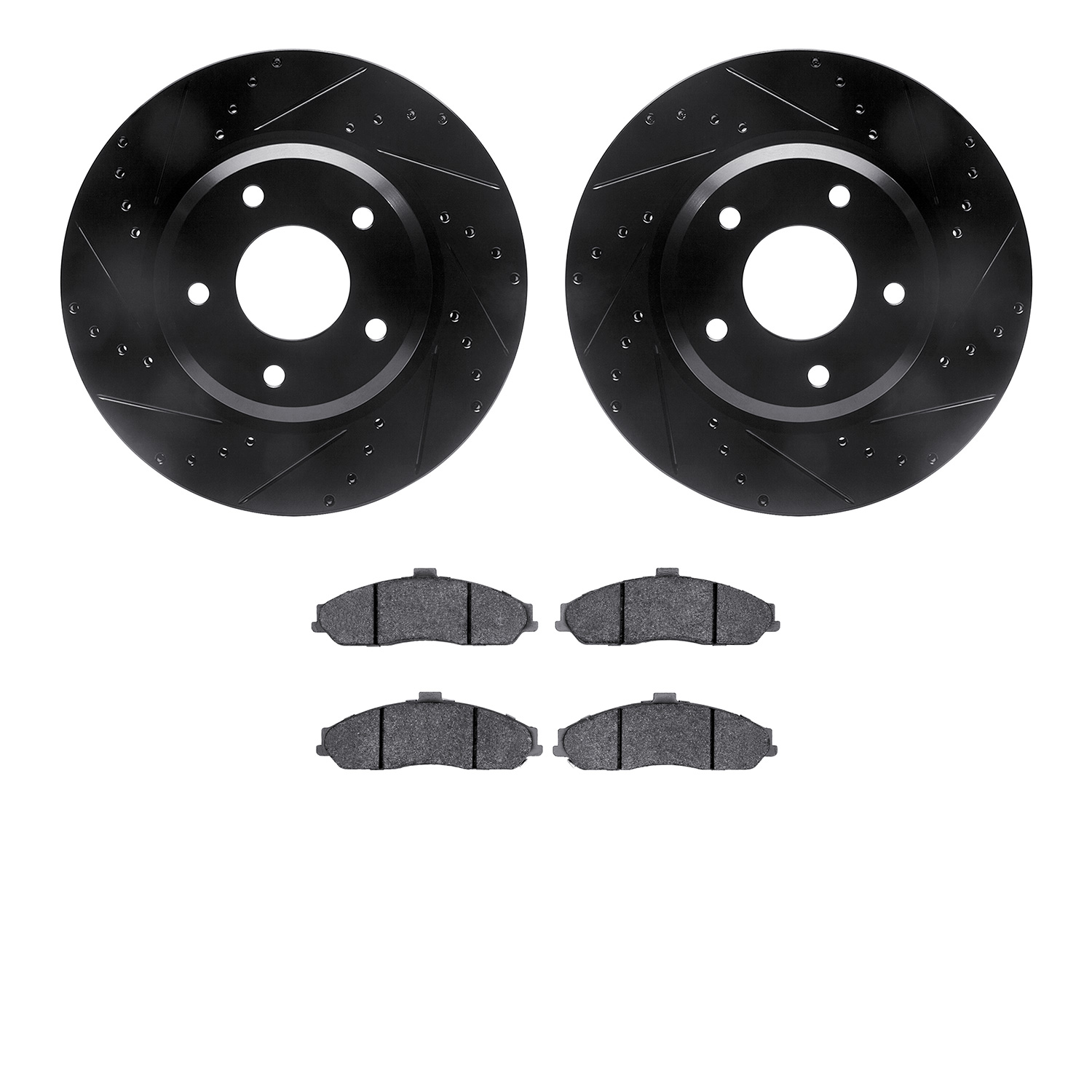 8502-52064 Drilled/Slotted Brake Rotors w/5000 Advanced Brake Pads Kit [Black], 2005-2006 GM, Position: Front