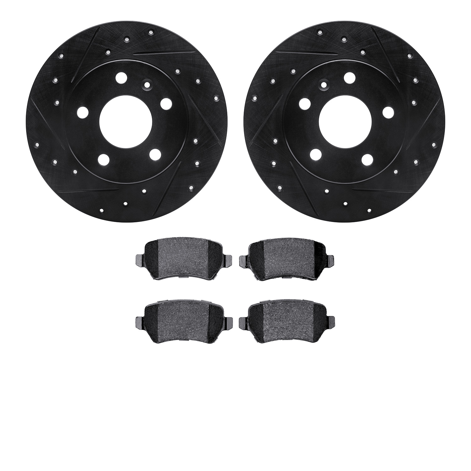 8502-53008 Drilled/Slotted Brake Rotors w/5000 Advanced Brake Pads Kit [Black], 2002-2008 GM, Position: Rear