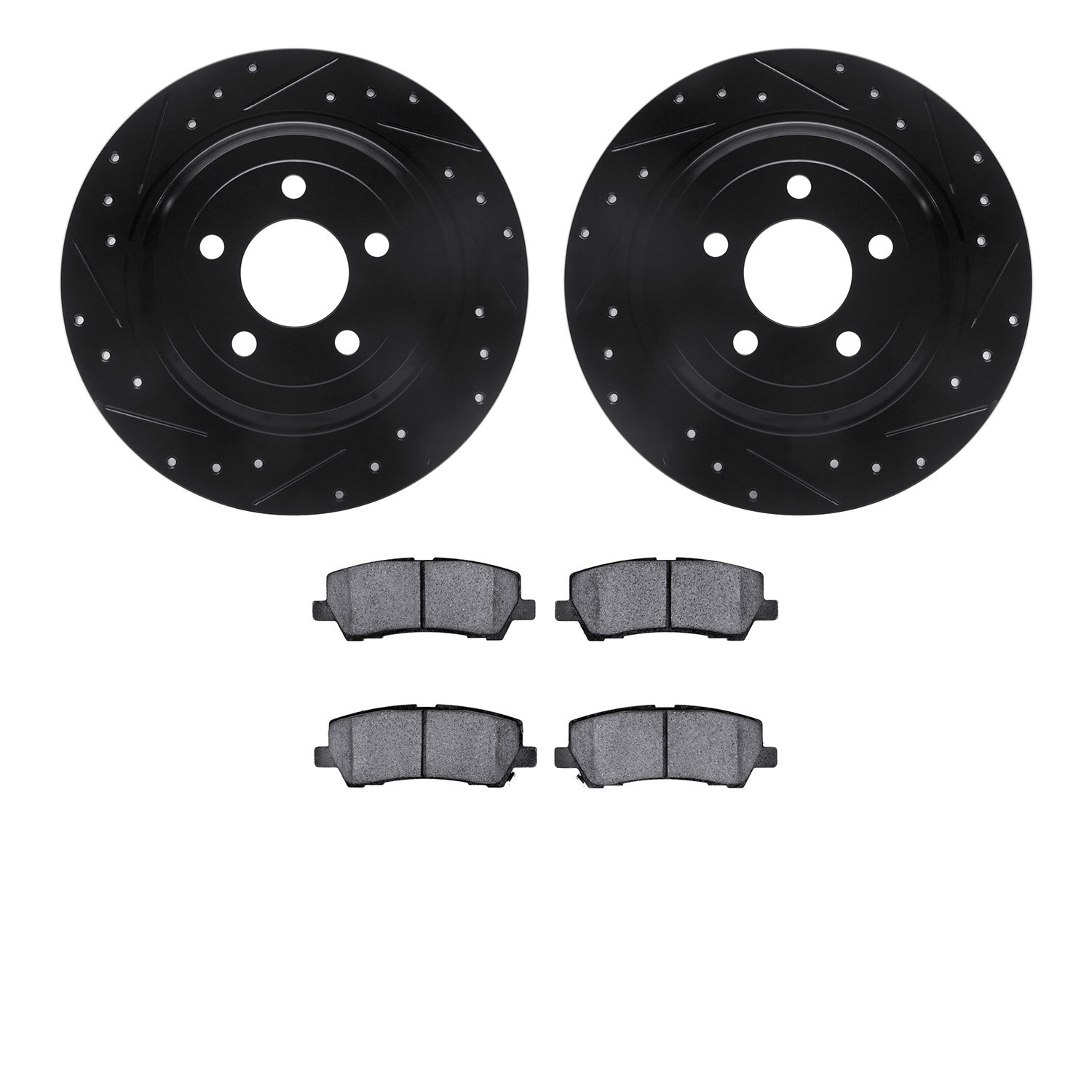 8502-54061 Drilled/Slotted Brake Rotors w/5000 Advanced Brake Pads Kit [Black], 2015-2021 Ford/Lincoln/Mercury/Mazda, Position: