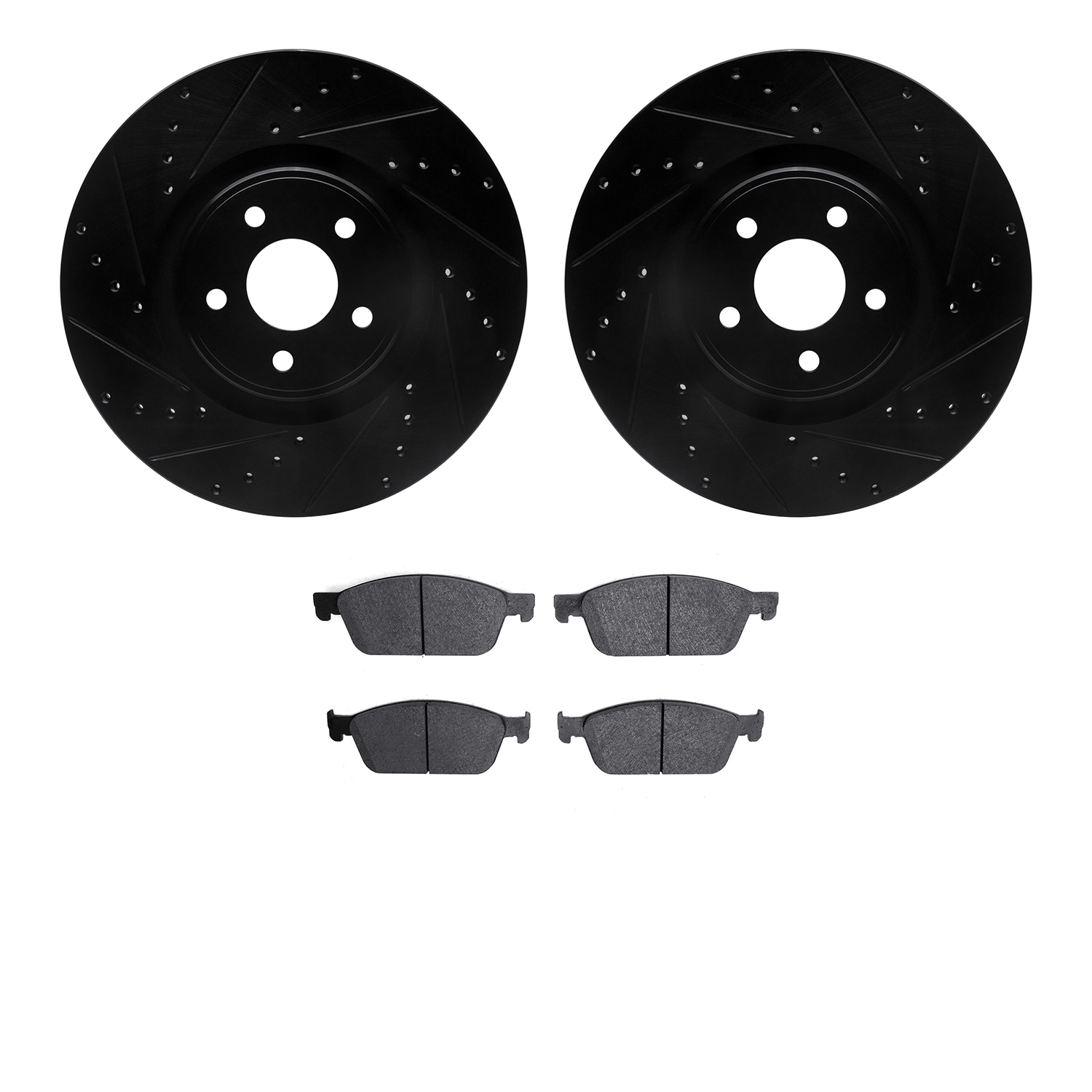 8502-54065 Drilled/Slotted Brake Rotors w/5000 Advanced Brake Pads Kit [Black], 2014-2019 Ford/Lincoln/Mercury/Mazda, Position: