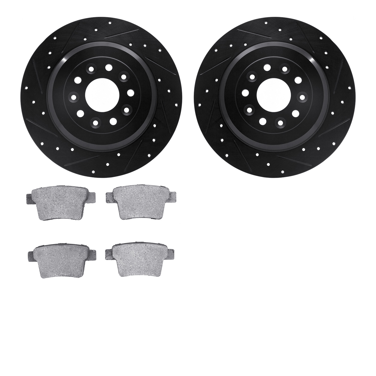 8502-54068 Drilled/Slotted Brake Rotors w/5000 Advanced Brake Pads Kit [Black], 2005-2009 Ford/Lincoln/Mercury/Mazda, Position: