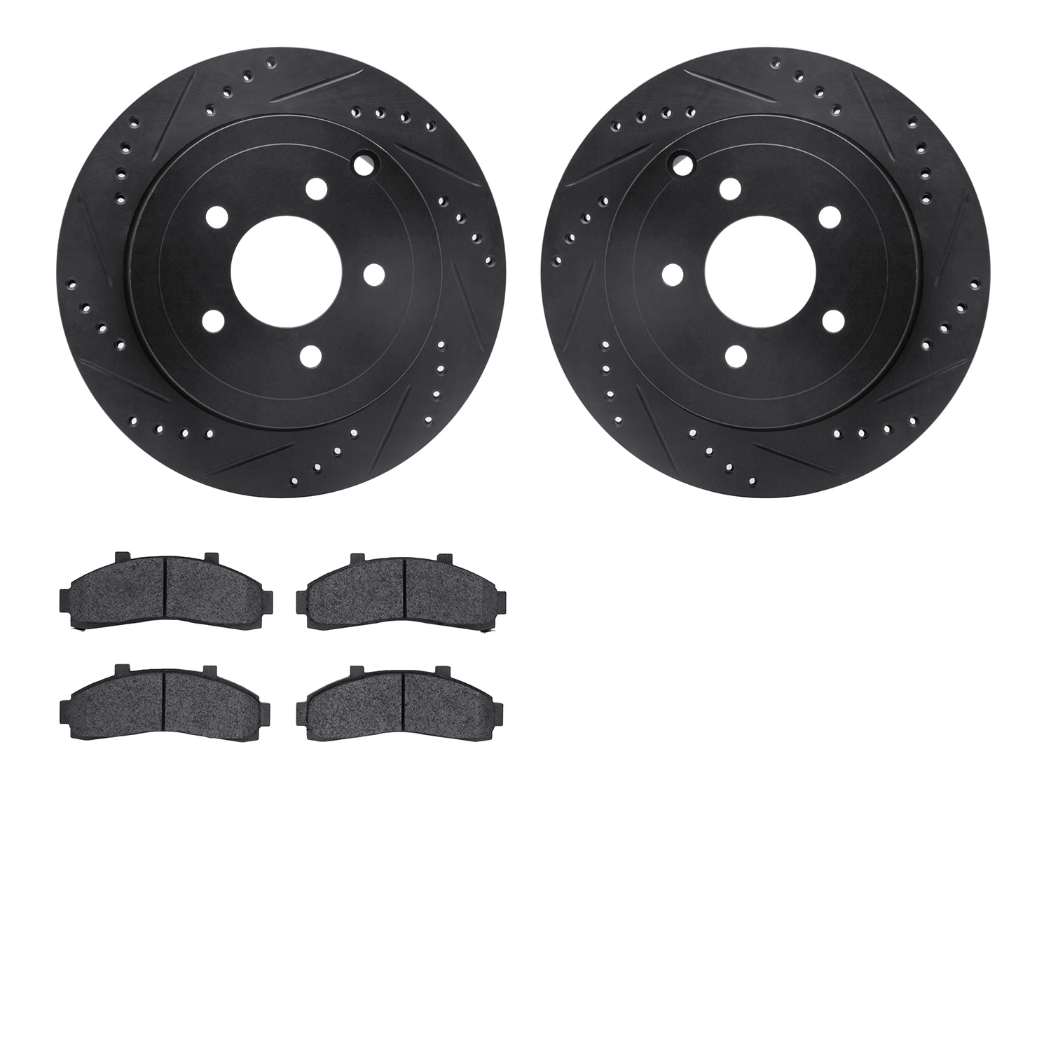 8502-54105 Drilled/Slotted Brake Rotors w/5000 Advanced Brake Pads Kit [Black], 1995-1997 Ford/Lincoln/Mercury/Mazda, Position: