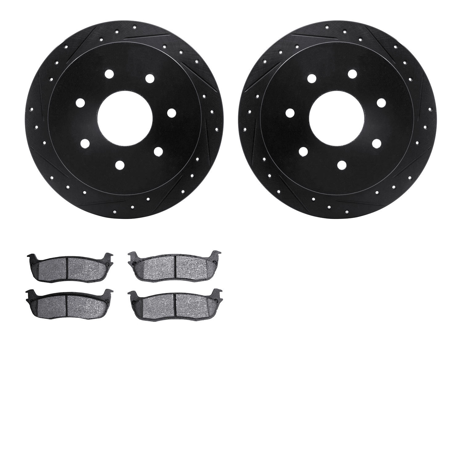 8502-54121 Drilled/Slotted Brake Rotors w/5000 Advanced Brake Pads Kit [Black], 1997-2004 Ford/Lincoln/Mercury/Mazda, Position: