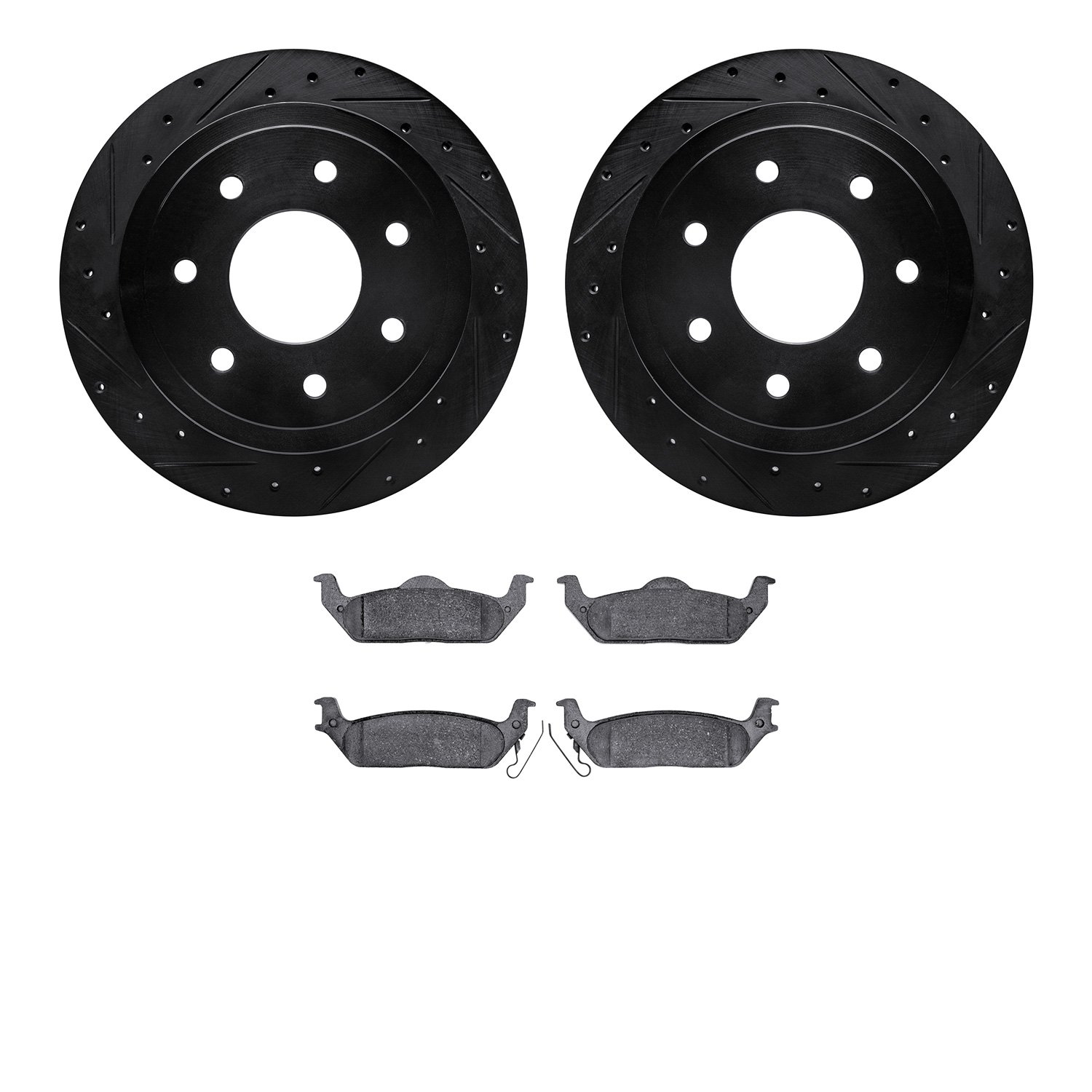 8502-54162 Drilled/Slotted Brake Rotors w/5000 Advanced Brake Pads Kit [Black], 2004-2009 Ford/Lincoln/Mercury/Mazda, Position: