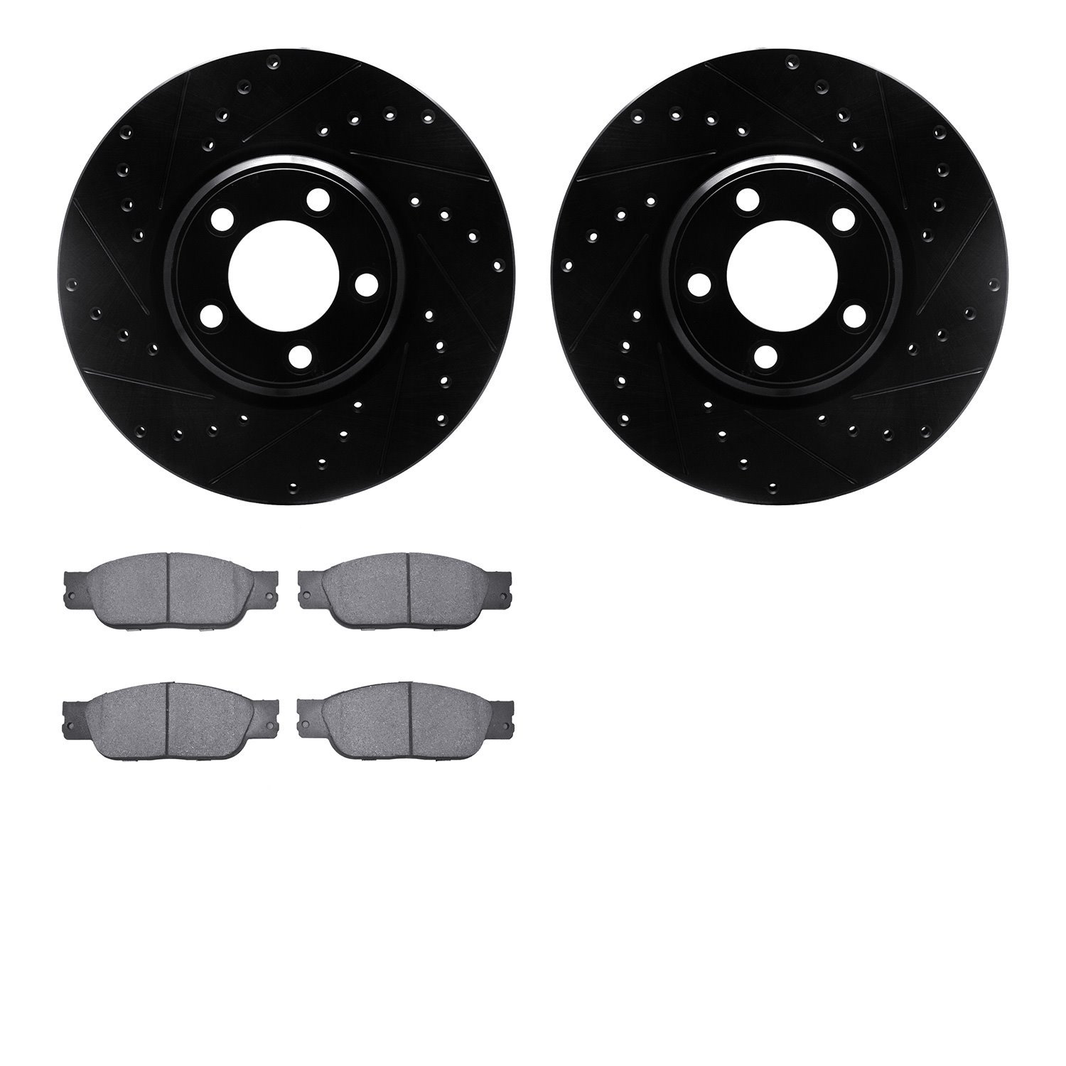 8502-54370 Drilled/Slotted Brake Rotors w/5000 Advanced Brake Pads Kit [Black], 2003-2005 Jaguar, Position: Front