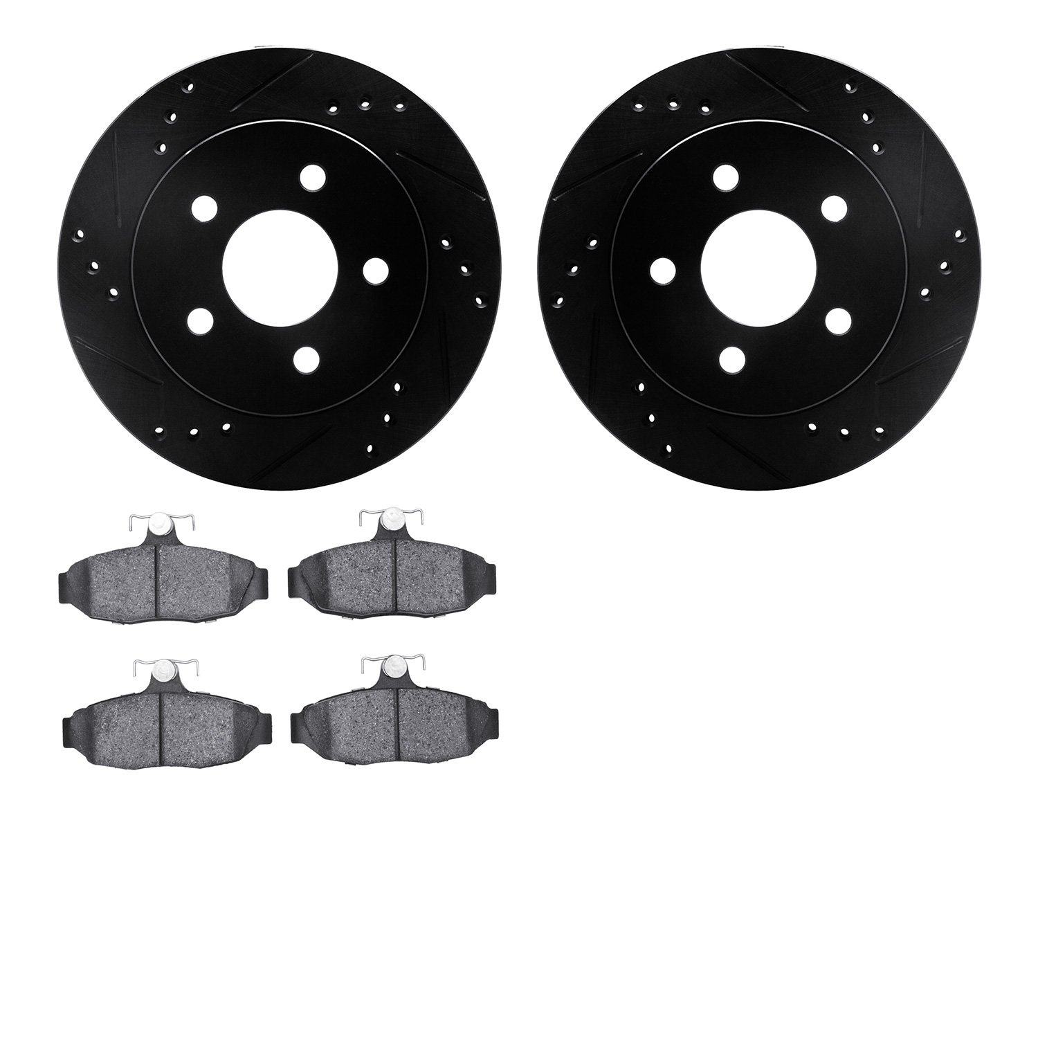 8502-55117 Drilled/Slotted Brake Rotors w/5000 Advanced Brake Pads Kit [Black], 1990-1992 Ford/Lincoln/Mercury/Mazda, Position: