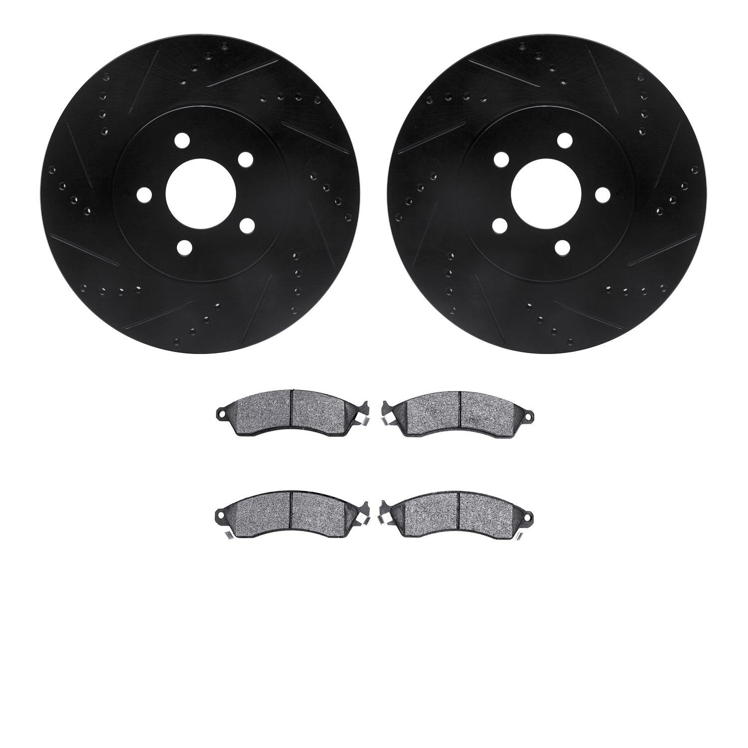 8502-55135 Drilled/Slotted Brake Rotors w/5000 Advanced Brake Pads Kit [Black], 1994-2004 Ford/Lincoln/Mercury/Mazda, Position: