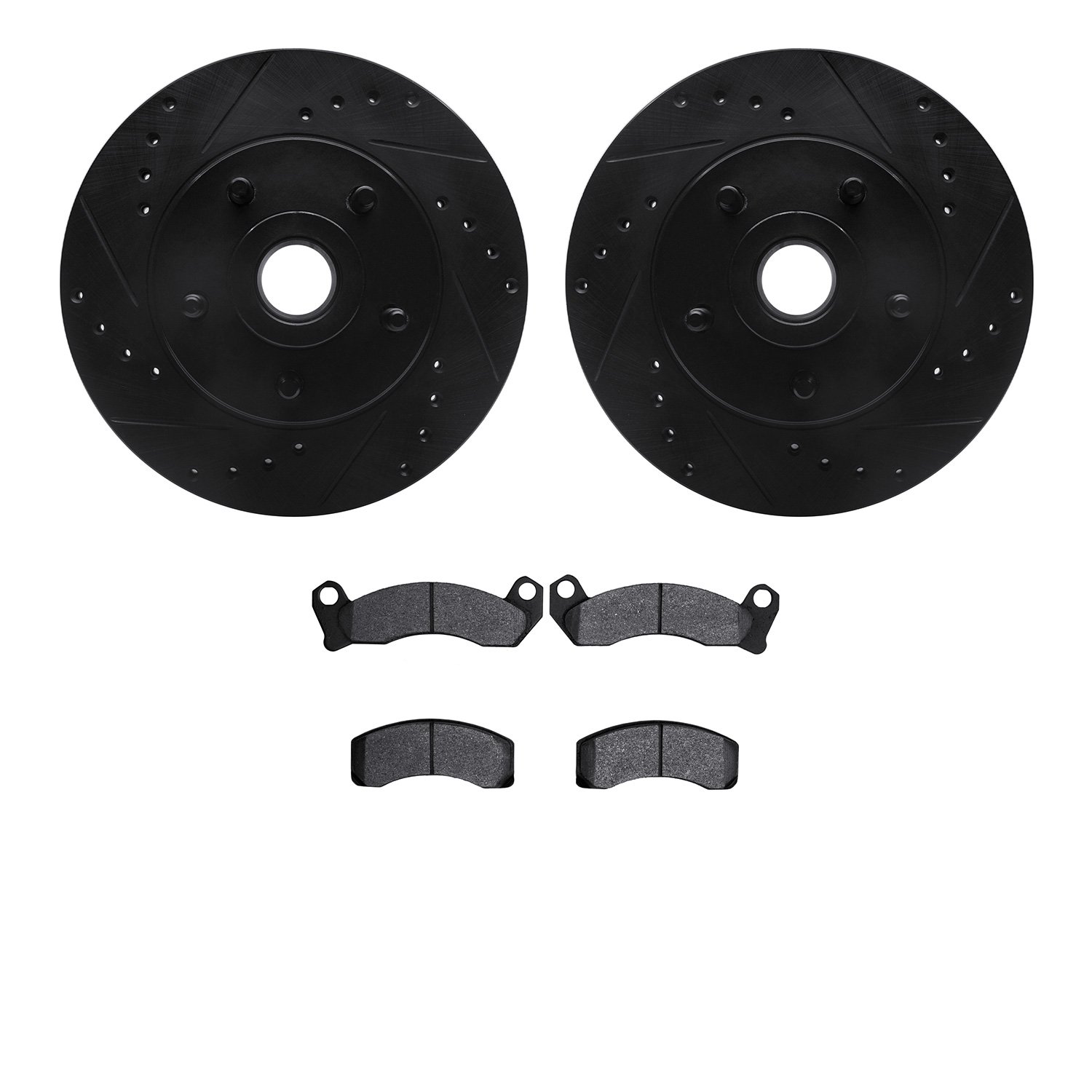 8502-56034 Drilled/Slotted Brake Rotors w/5000 Advanced Brake Pads Kit [Black], 1981-1991 Ford/Lincoln/Mercury/Mazda, Position: