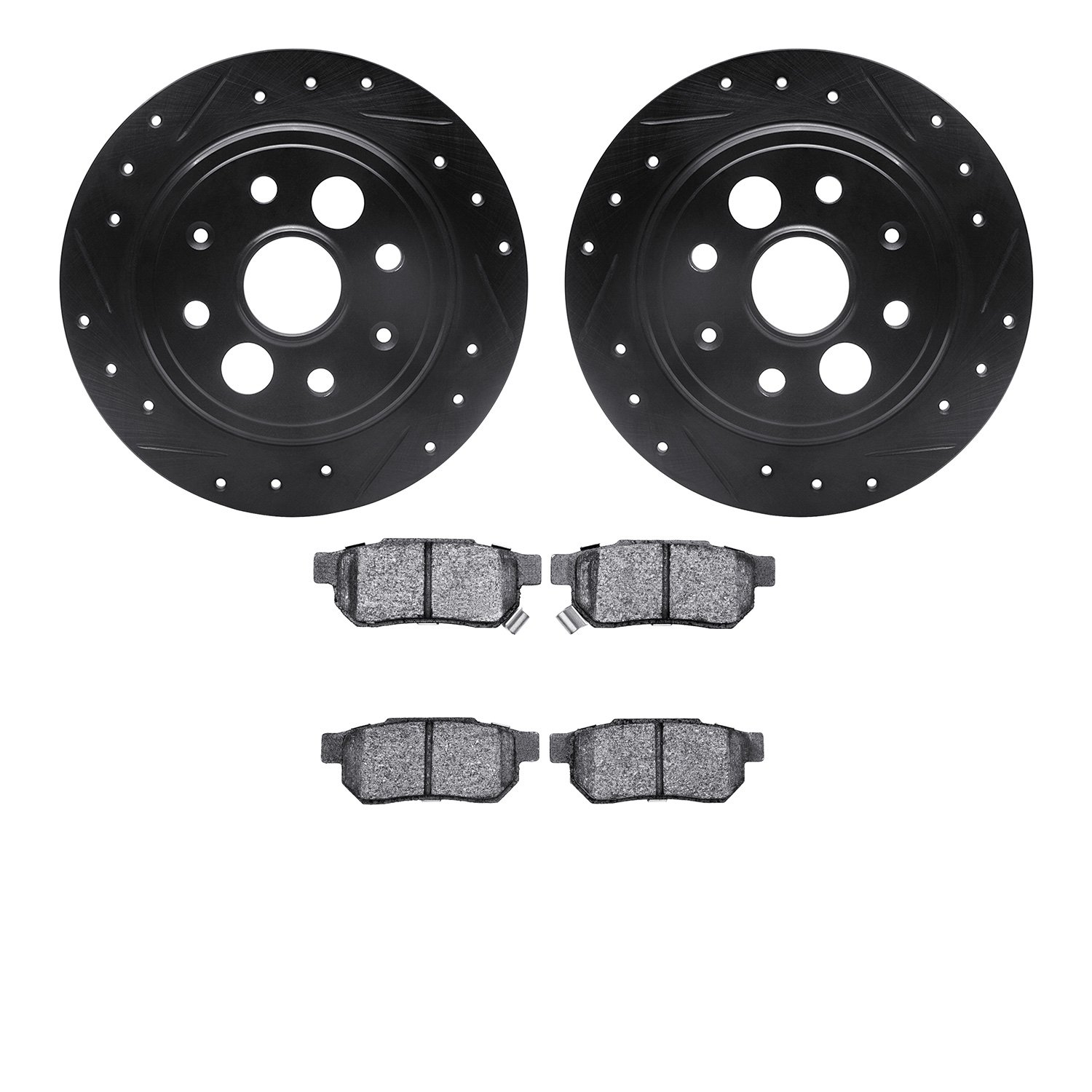 8502-58000 Drilled/Slotted Brake Rotors w/5000 Advanced Brake Pads Kit [Black], 1986-1989 Acura/Honda, Position: Rear