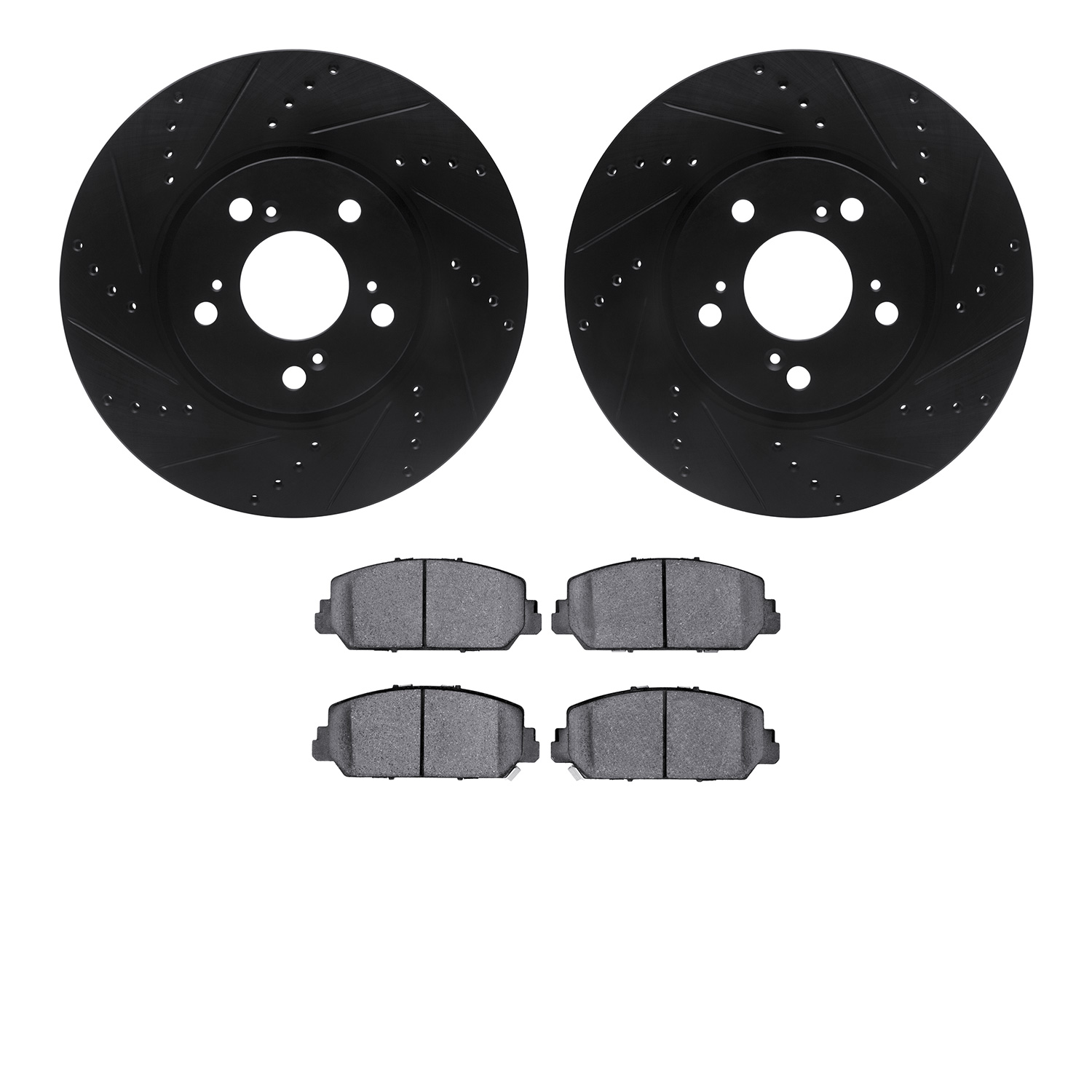 8502-58029 Drilled/Slotted Brake Rotors w/5000 Advanced Brake Pads Kit [Black], 2014-2020 Acura/Honda, Position: Front