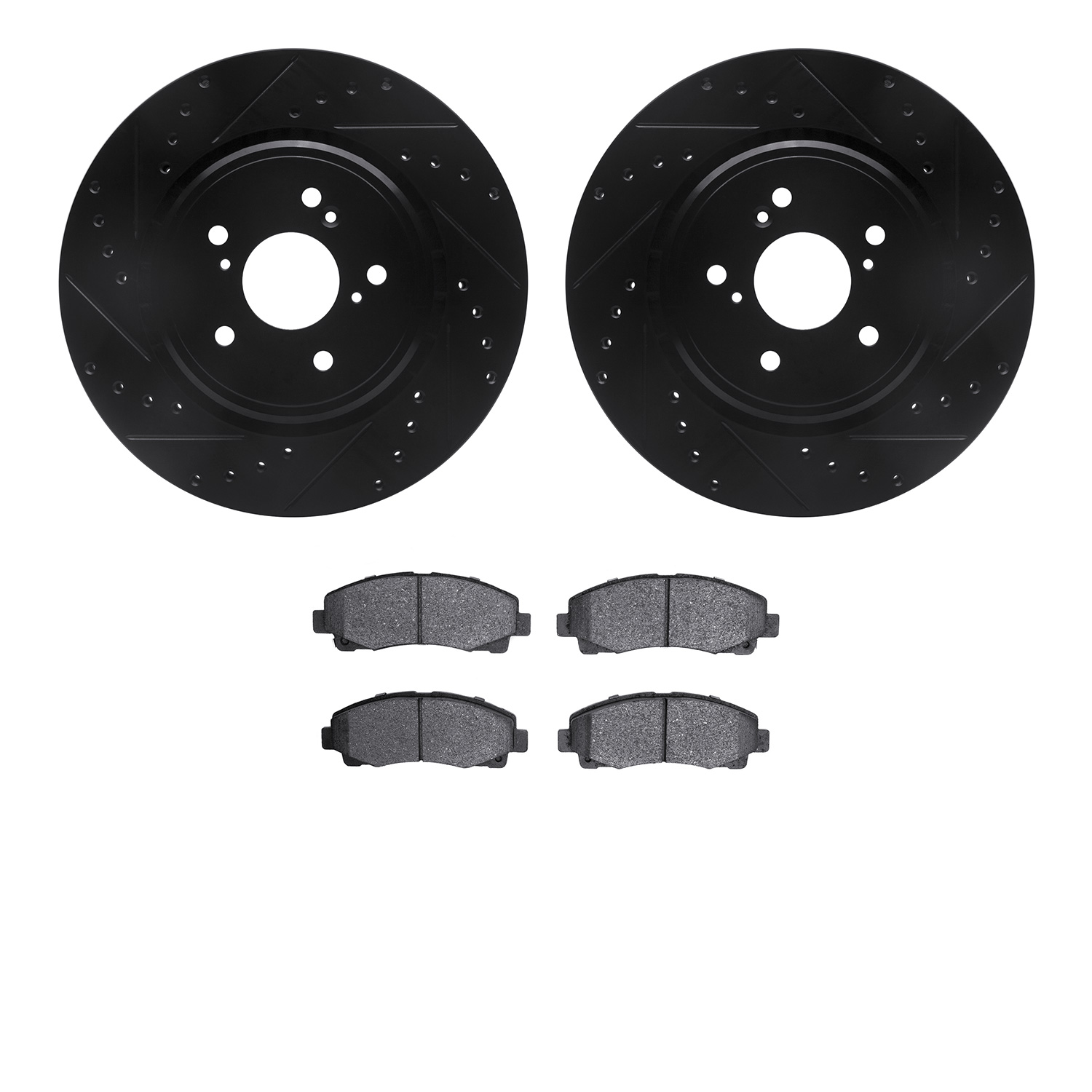8502-58030 Drilled/Slotted Brake Rotors w/5000 Advanced Brake Pads Kit [Black], 2015-2020 Acura/Honda, Position: Front