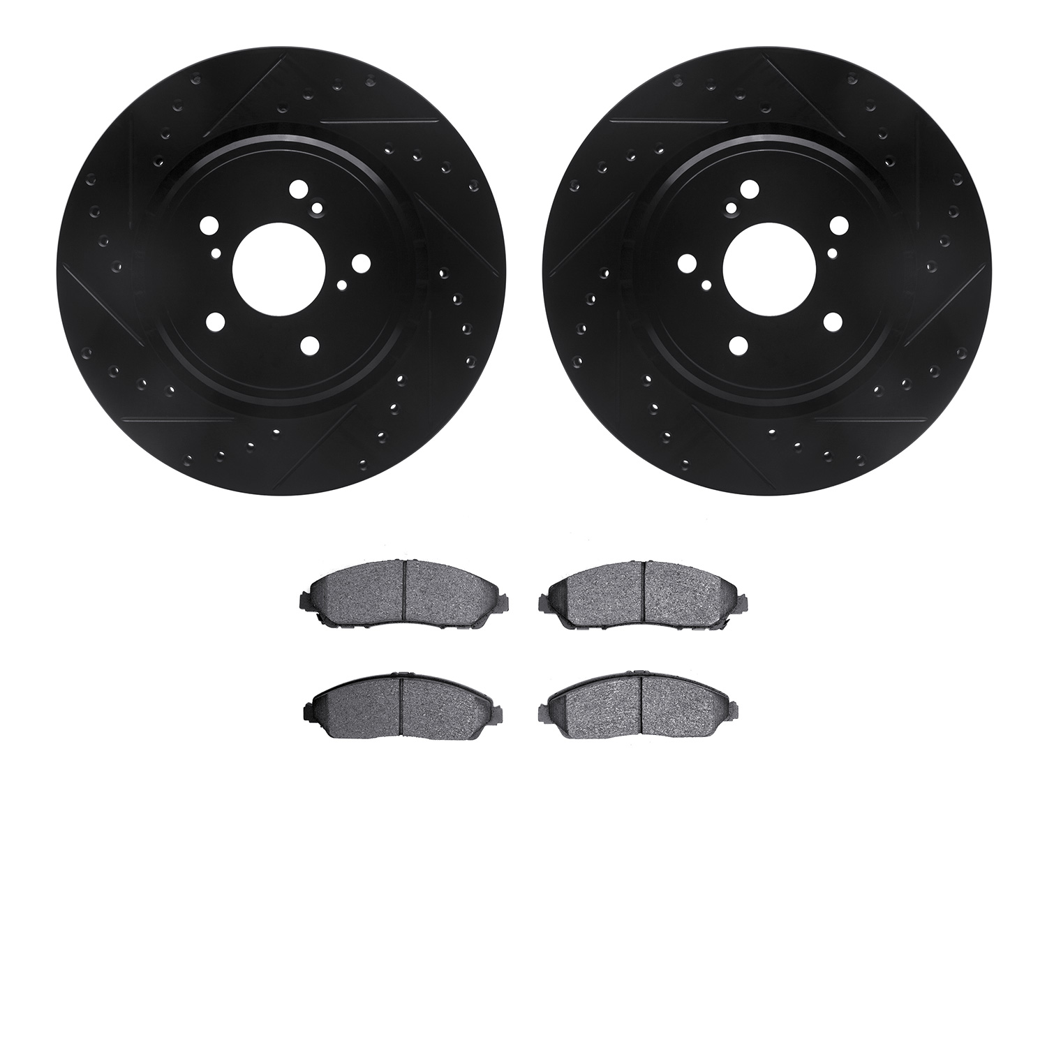 8502-58031 Drilled/Slotted Brake Rotors w/5000 Advanced Brake Pads Kit [Black], 2014-2016 Acura/Honda, Position: Front