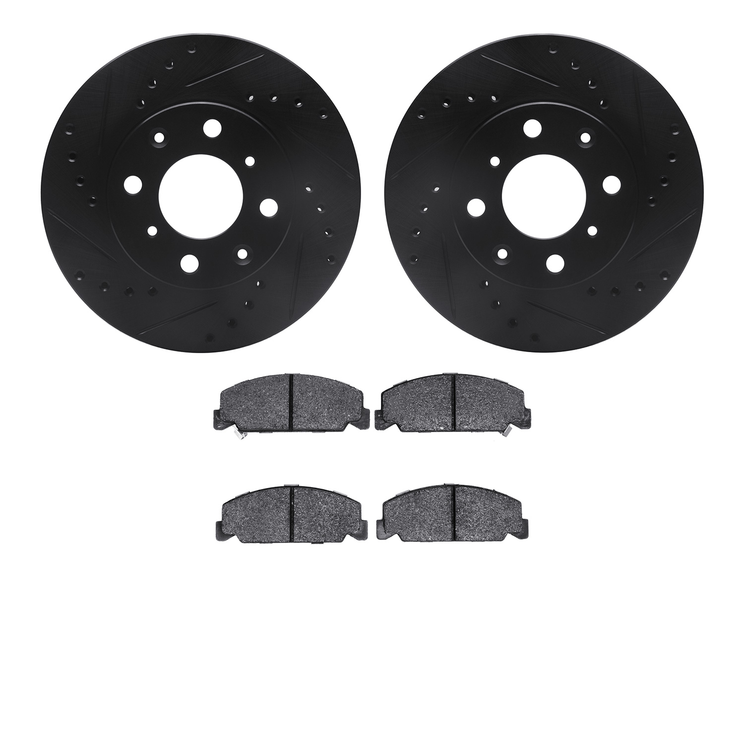 8502-59004 Drilled/Slotted Brake Rotors w/5000 Advanced Brake Pads Kit [Black], 1984-1985 Acura/Honda, Position: Front