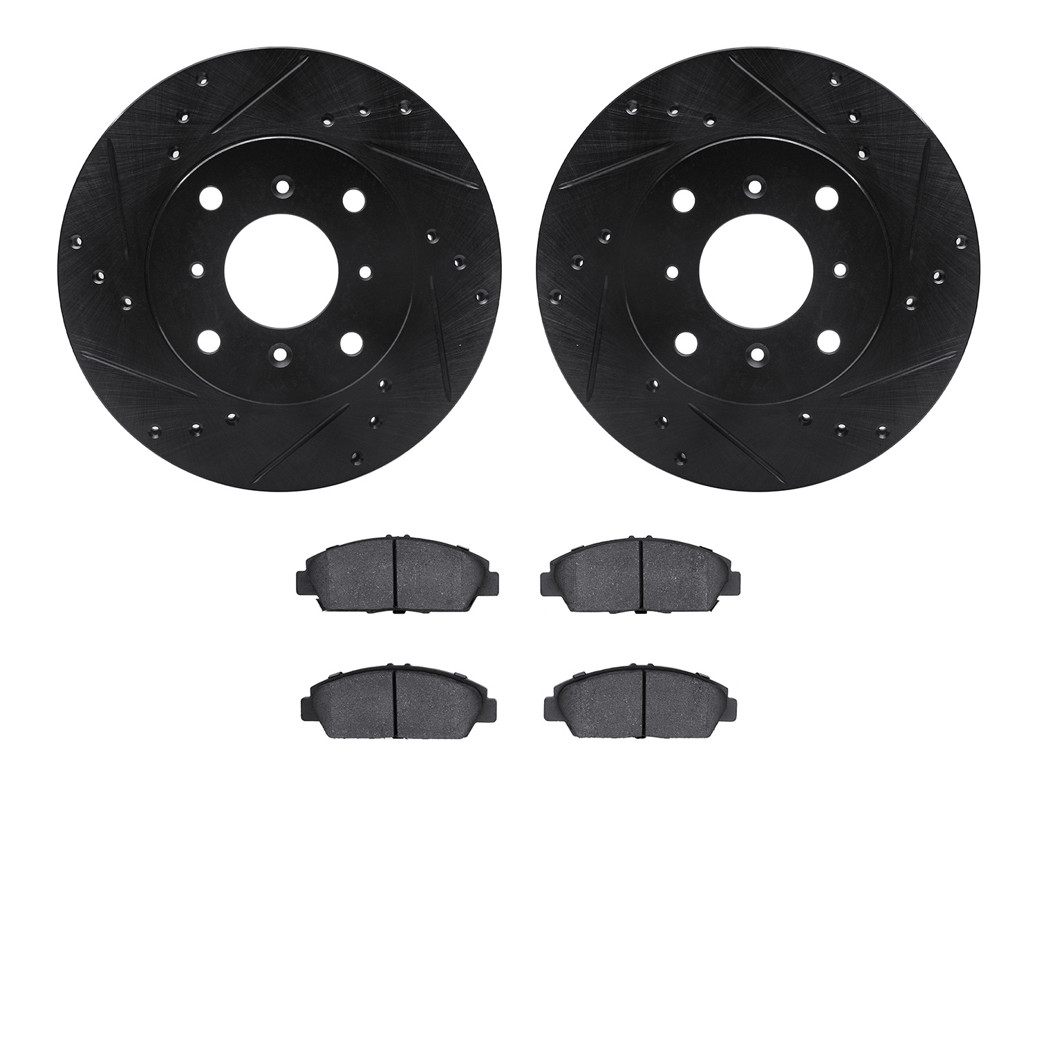 8502-59021 Drilled/Slotted Brake Rotors w/5000 Advanced Brake Pads Kit [Black], 1992-1996 Acura/Honda, Position: Front