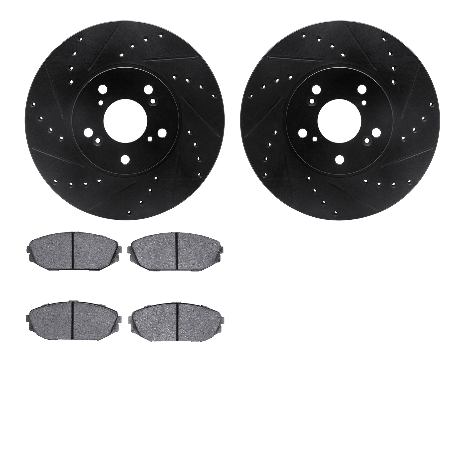 8502-59058 Drilled/Slotted Brake Rotors w/5000 Advanced Brake Pads Kit [Black], 1999-2004 Acura/Honda, Position: Front