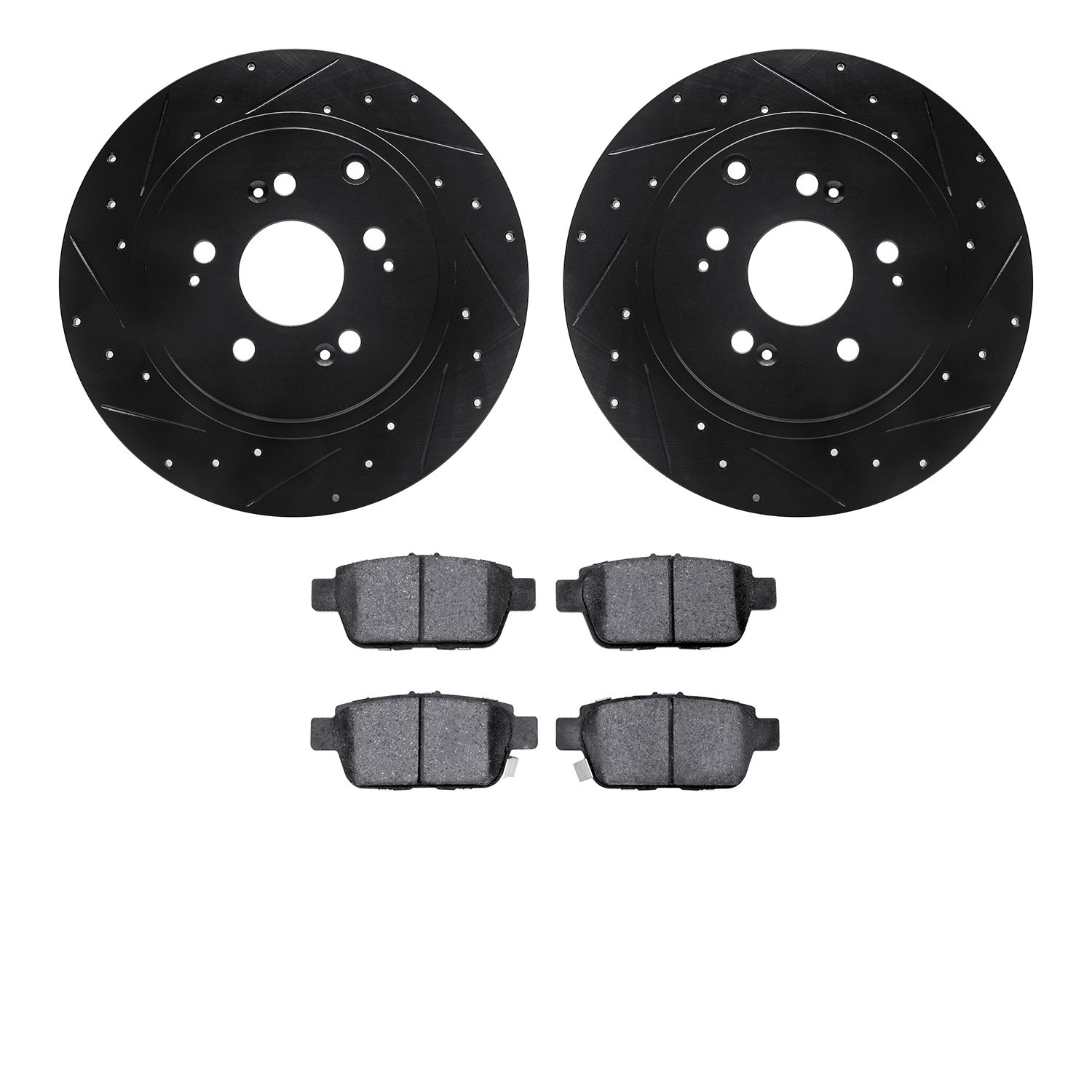 8502-59078 Drilled/Slotted Brake Rotors w/5000 Advanced Brake Pads Kit [Black], 2006-2014 Acura/Honda, Position: Rear