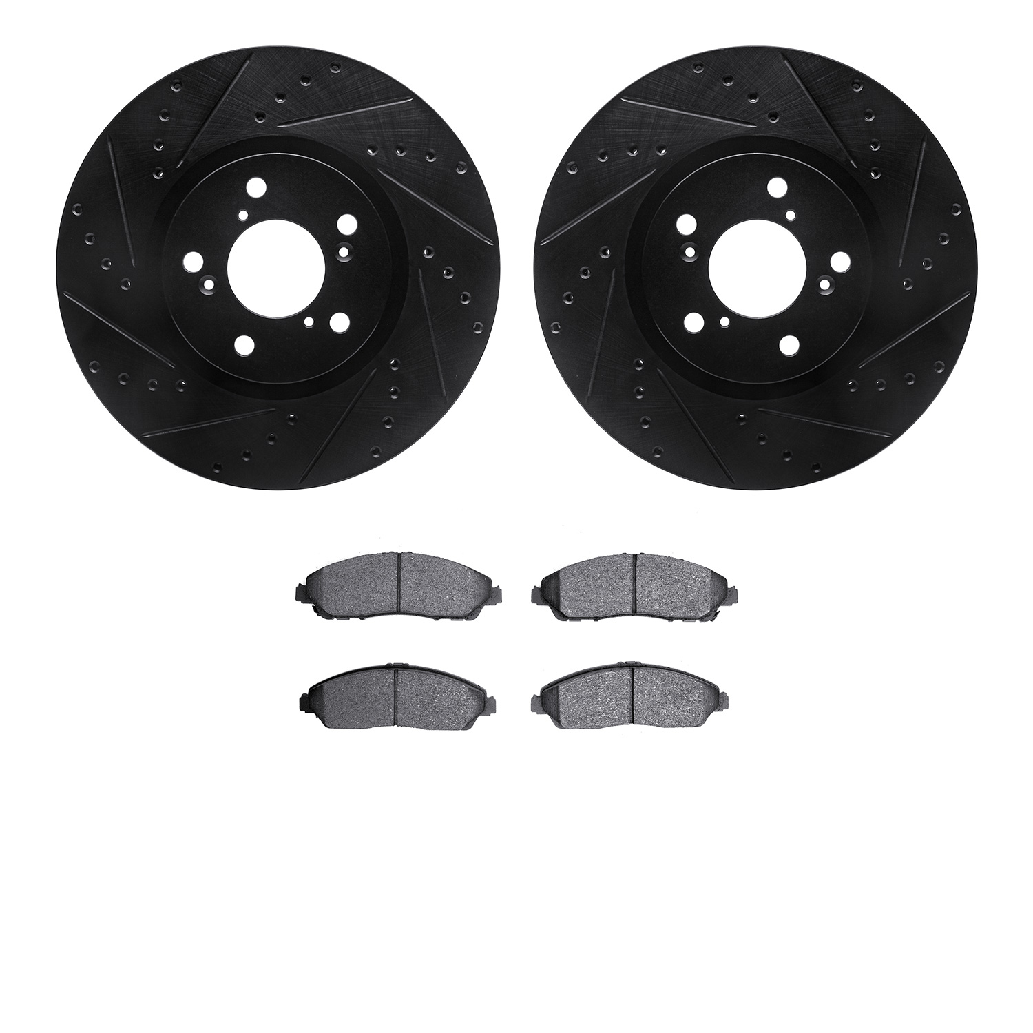 8502-59100 Drilled/Slotted Brake Rotors w/5000 Advanced Brake Pads Kit [Black], 2014-2020 Acura/Honda, Position: Front