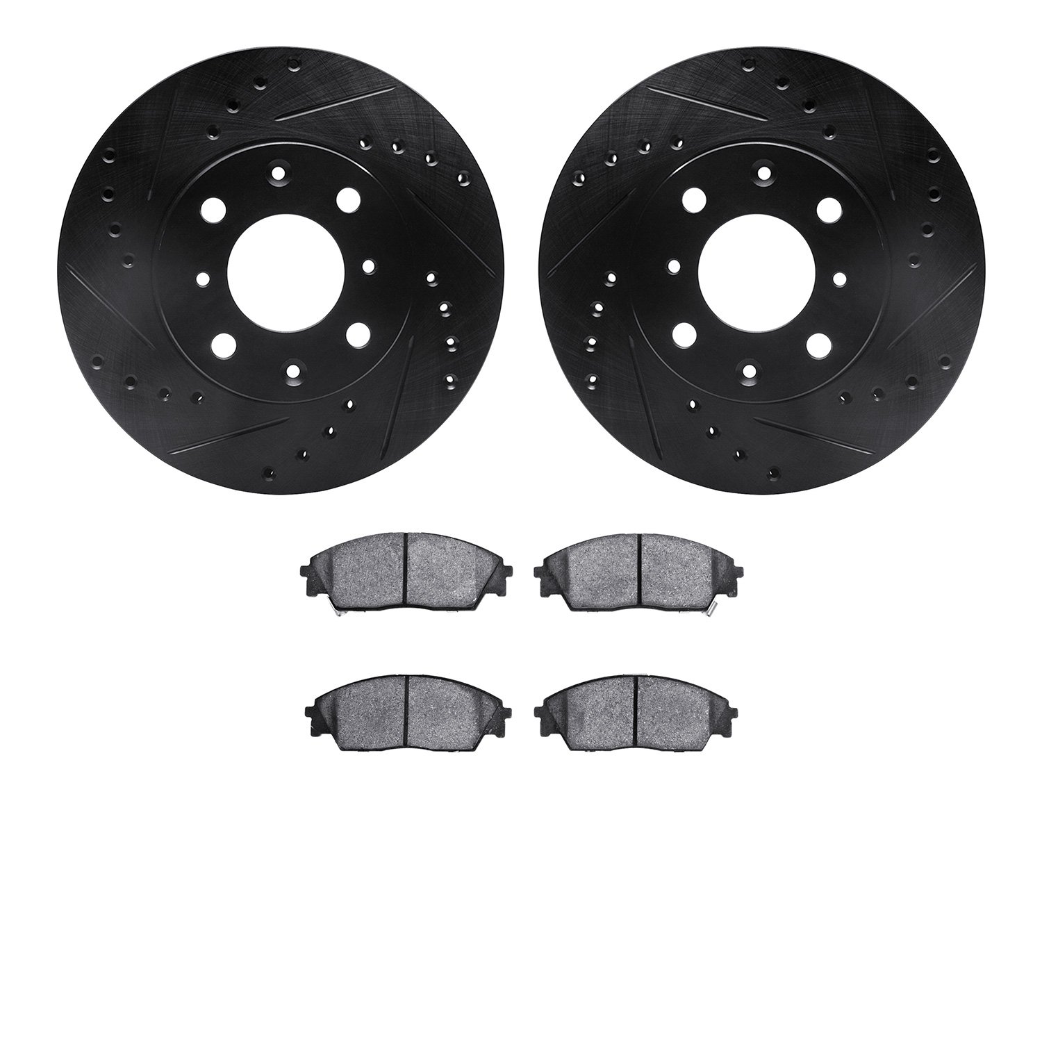 8502-59162 Drilled/Slotted Brake Rotors w/5000 Advanced Brake Pads Kit [Black], 1988-1991 Acura/Honda, Position: Front