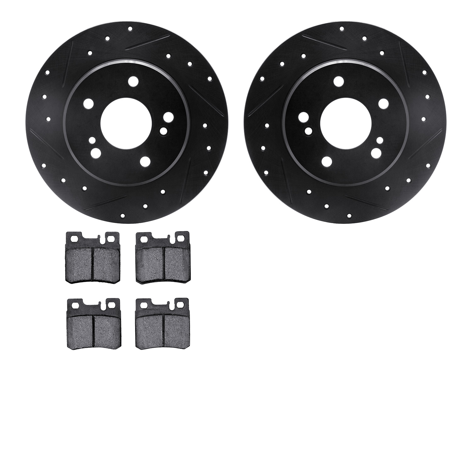 8502-63015 Drilled/Slotted Brake Rotors w/5000 Advanced Brake Pads Kit [Black], 1987-2000 Mercedes-Benz, Position: Rear