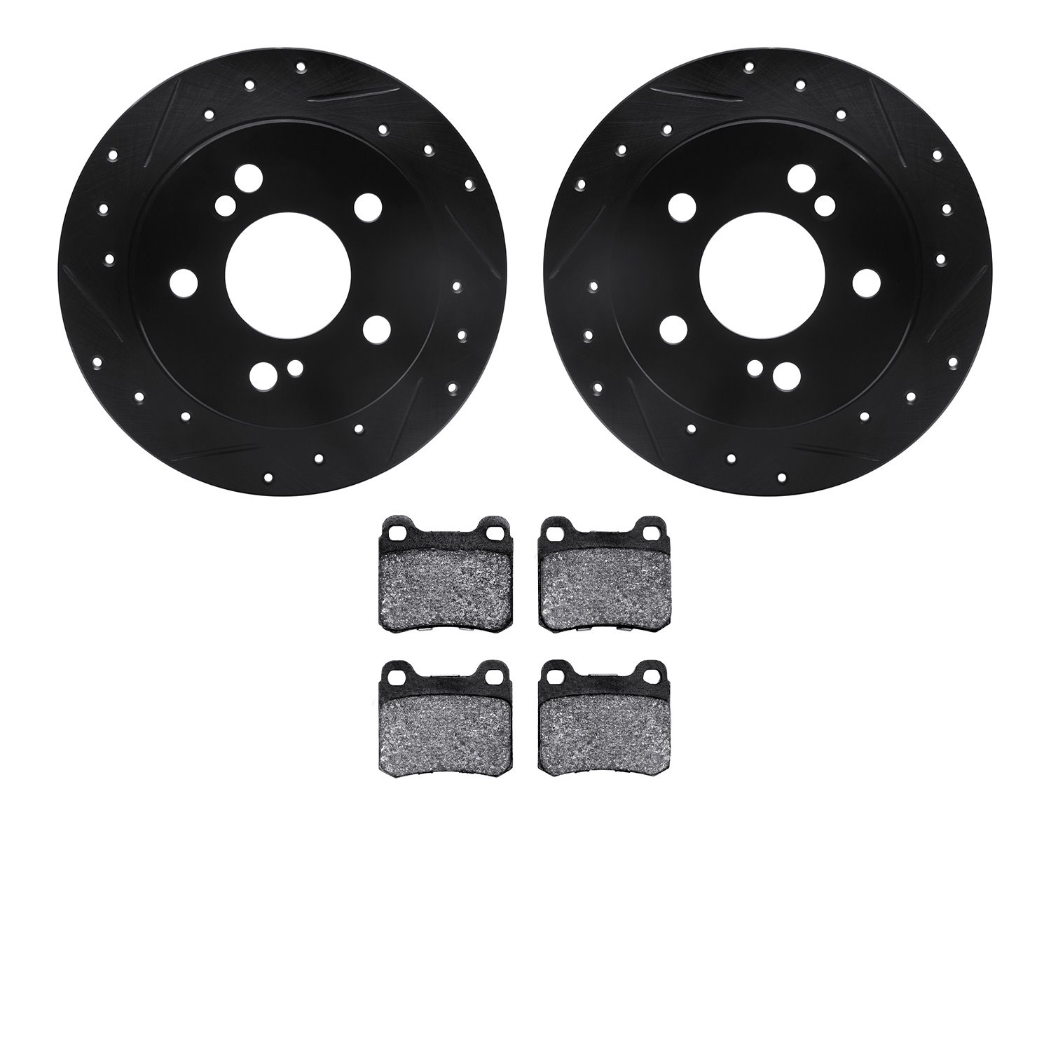 8502-63018 Drilled/Slotted Brake Rotors w/5000 Advanced Brake Pads Kit [Black], 1984-1995 Mercedes-Benz, Position: Rear