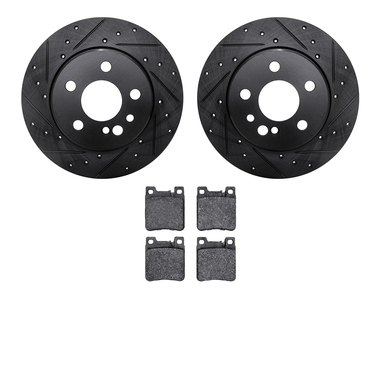 8502-63023 Drilled/Slotted Brake Rotors w/5000 Advanced Brake Pads Kit [Black], 1991-1999 Mercedes-Benz, Position: Rear