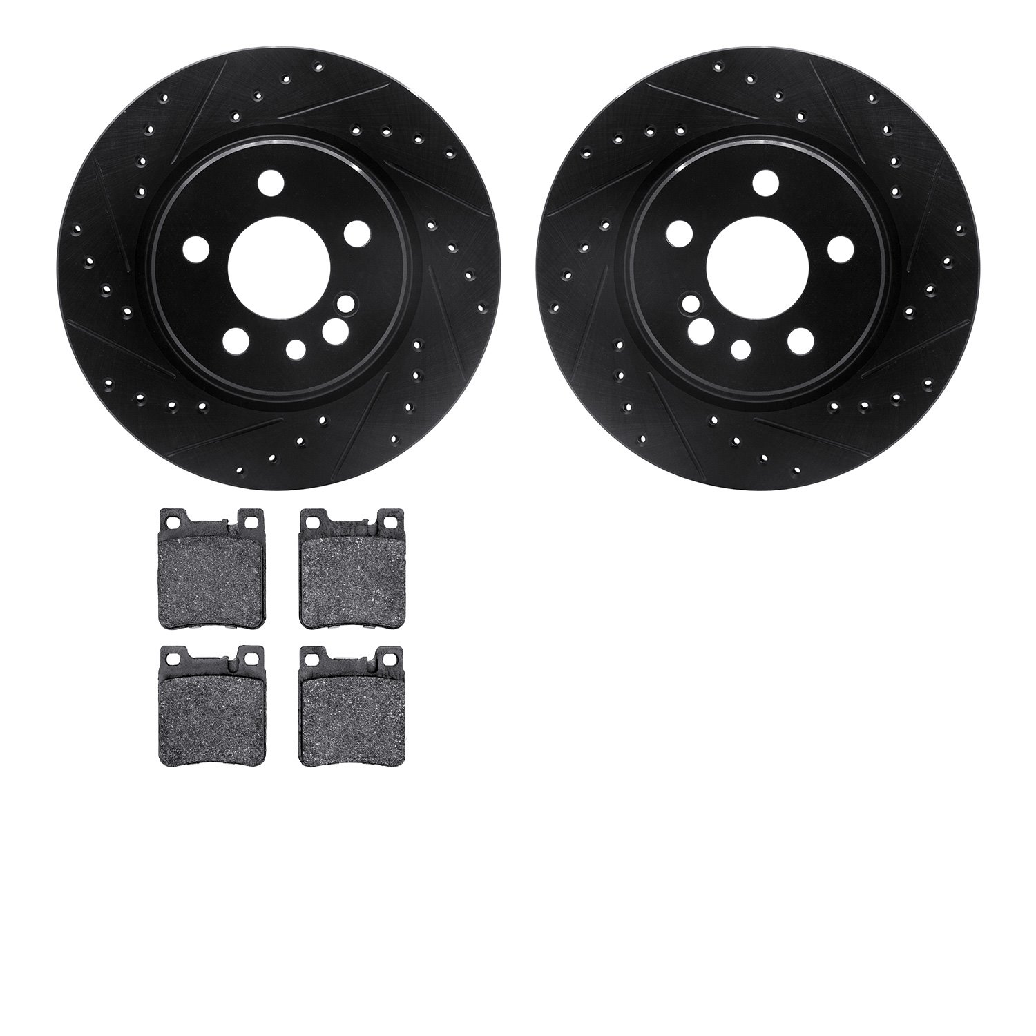 8502-63025 Drilled/Slotted Brake Rotors w/5000 Advanced Brake Pads Kit [Black], 1992-1999 Mercedes-Benz, Position: Rear