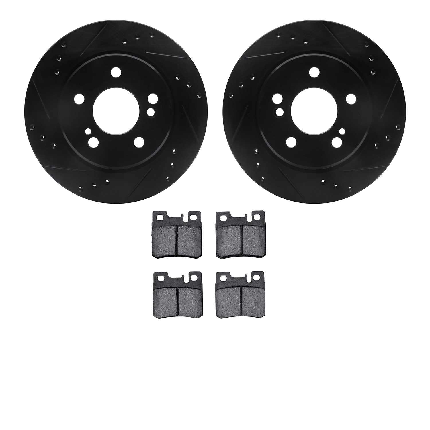 8502-63026 Drilled/Slotted Brake Rotors w/5000 Advanced Brake Pads Kit [Black], 1992-1994 Mercedes-Benz, Position: Rear