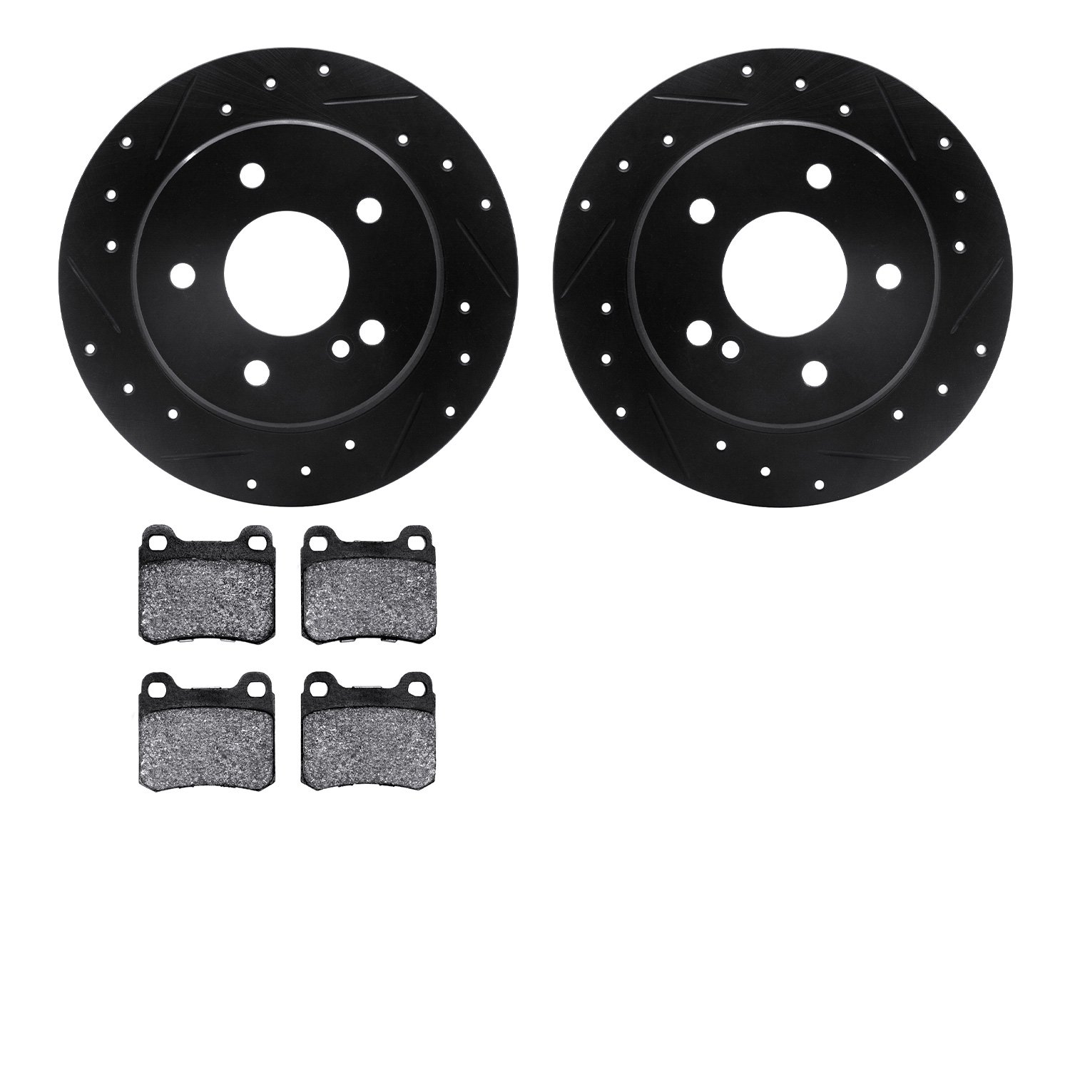 8502-63028 Drilled/Slotted Brake Rotors w/5000 Advanced Brake Pads Kit [Black], 1994-1995 Mercedes-Benz, Position: Rear