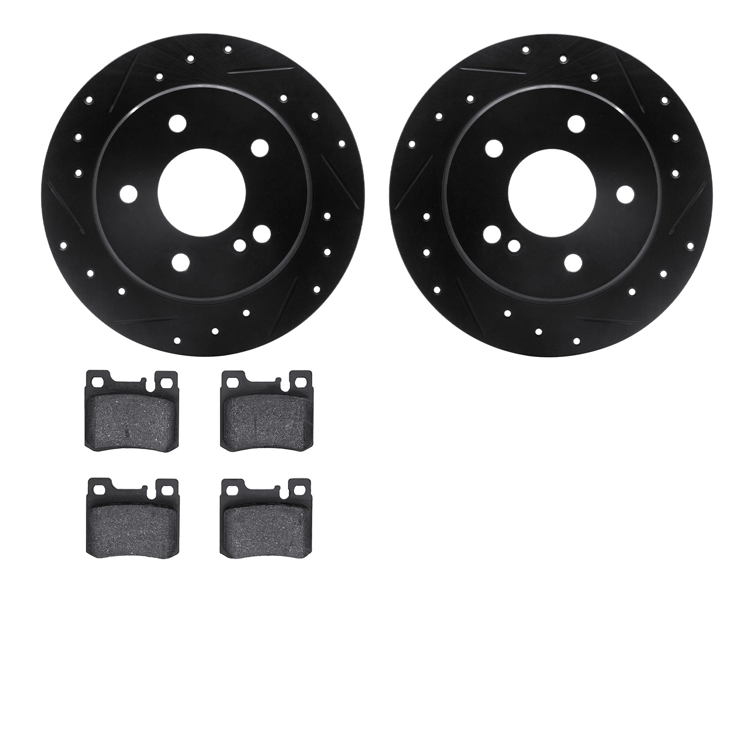 8502-63029 Drilled/Slotted Brake Rotors w/5000 Advanced Brake Pads Kit [Black], 1994-1995 Mercedes-Benz, Position: Rear