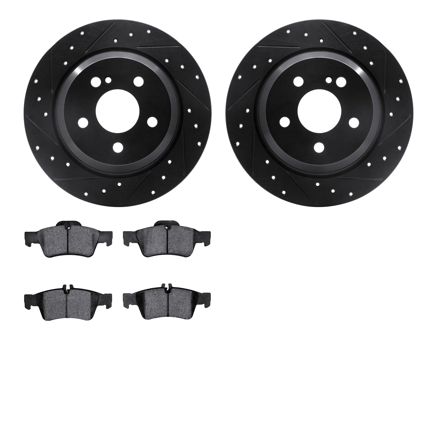 8502-63049 Drilled/Slotted Brake Rotors w/5000 Advanced Brake Pads Kit [Black], 2009-2013 Mercedes-Benz, Position: Rear