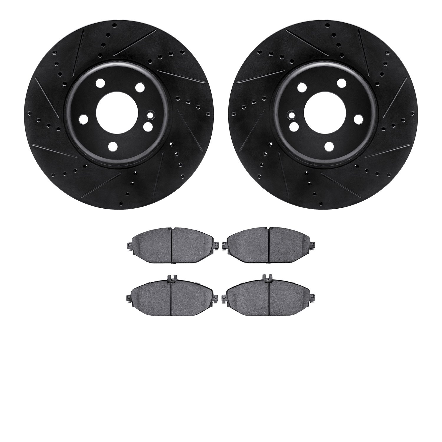 8502-63061 Drilled/Slotted Brake Rotors w/5000 Advanced Brake Pads Kit [Black], Fits Select Mercedes-Benz, Position: Front