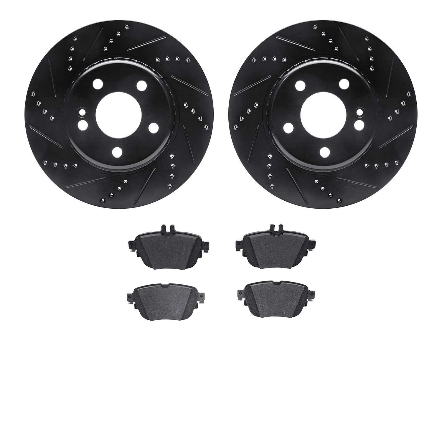 8502-63064 Drilled/Slotted Brake Rotors w/5000 Advanced Brake Pads Kit [Black], Fits Select Mercedes-Benz, Position: Rear