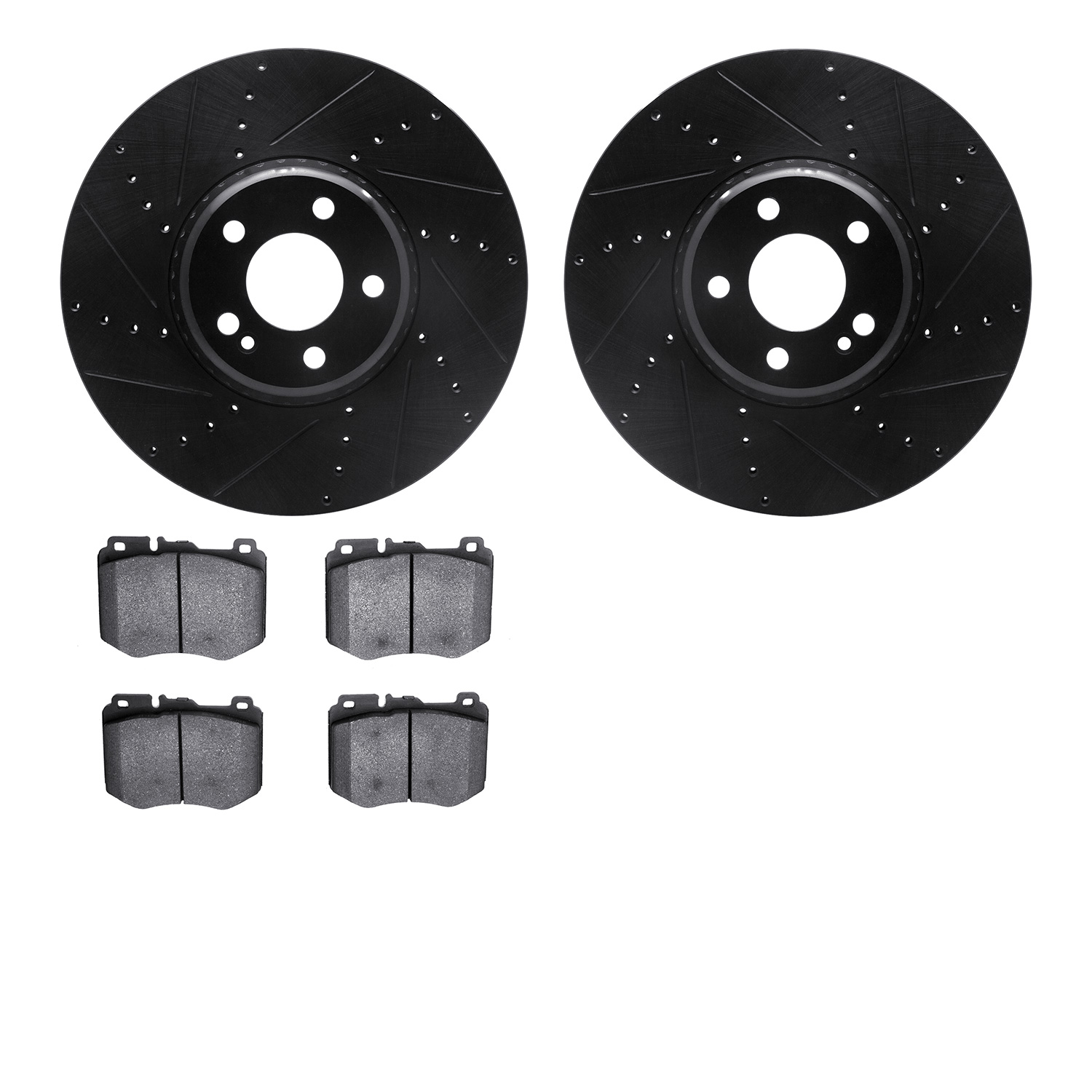 8502-63065 Drilled/Slotted Brake Rotors w/5000 Advanced Brake Pads Kit [Black], 2015-2021 Mercedes-Benz, Position: Front