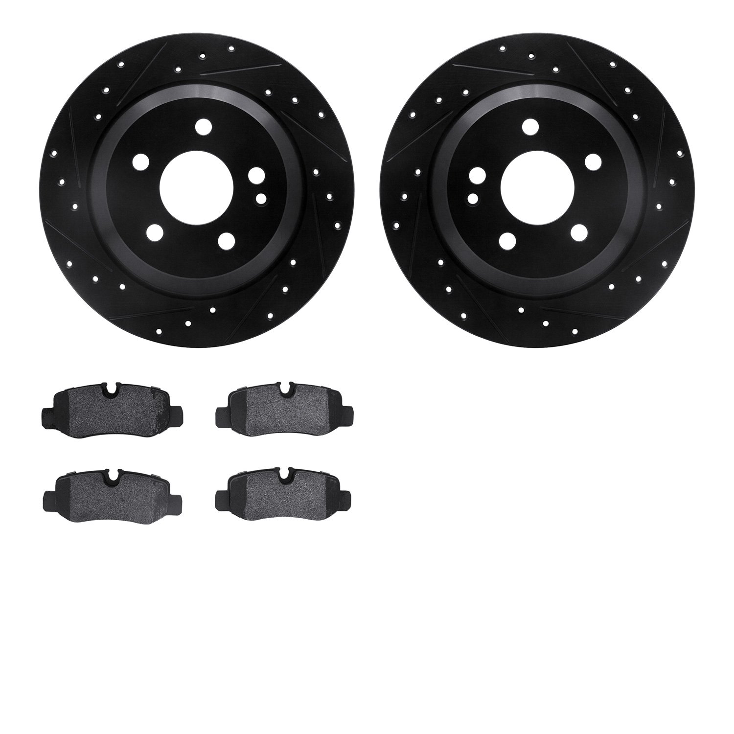 8502-63074 Drilled/Slotted Brake Rotors w/5000 Advanced Brake Pads Kit [Black], Fits Select Mercedes-Benz, Position: Rear
