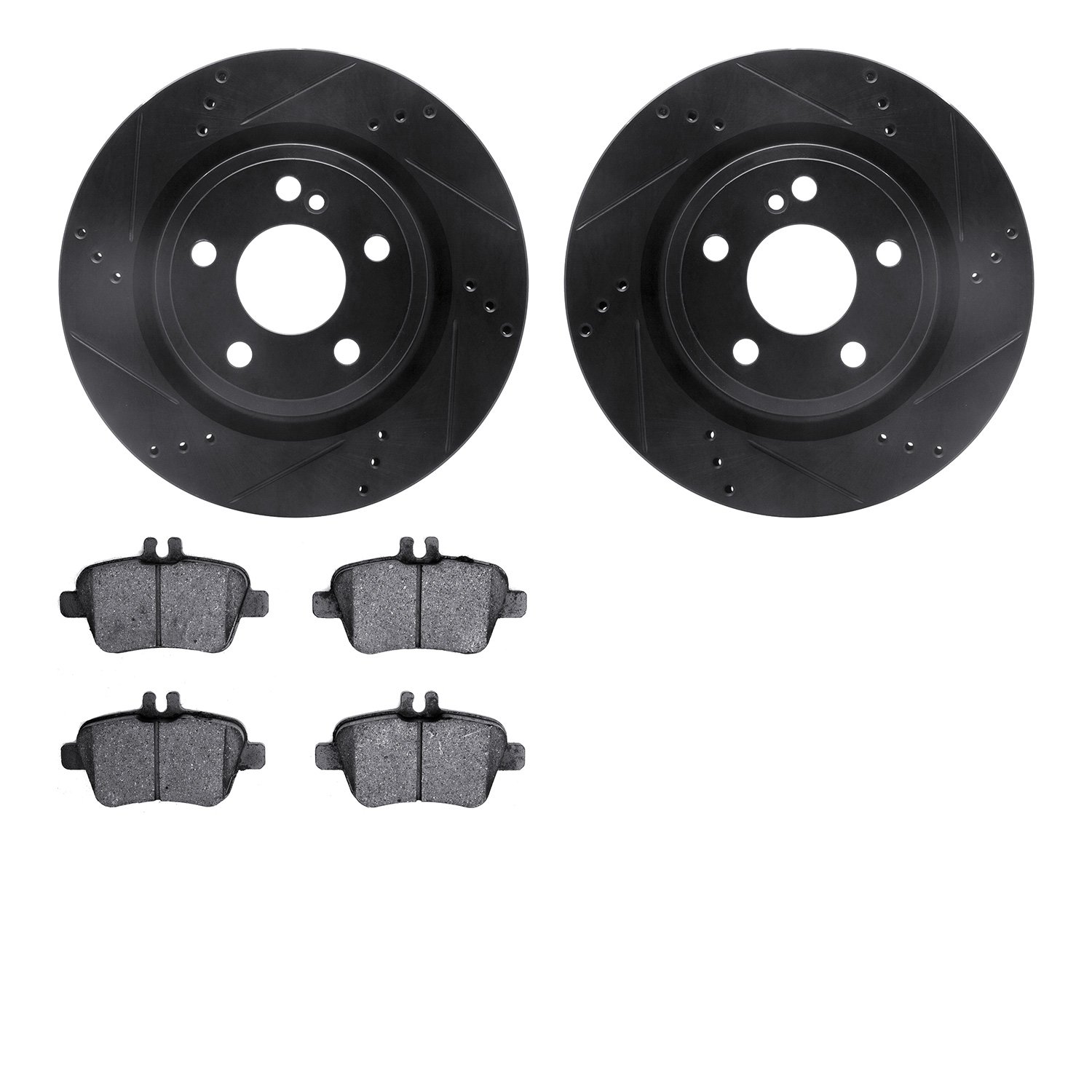 8502-63075 Drilled/Slotted Brake Rotors w/5000 Advanced Brake Pads Kit [Black], 2014-2019 Mercedes-Benz, Position: Rear