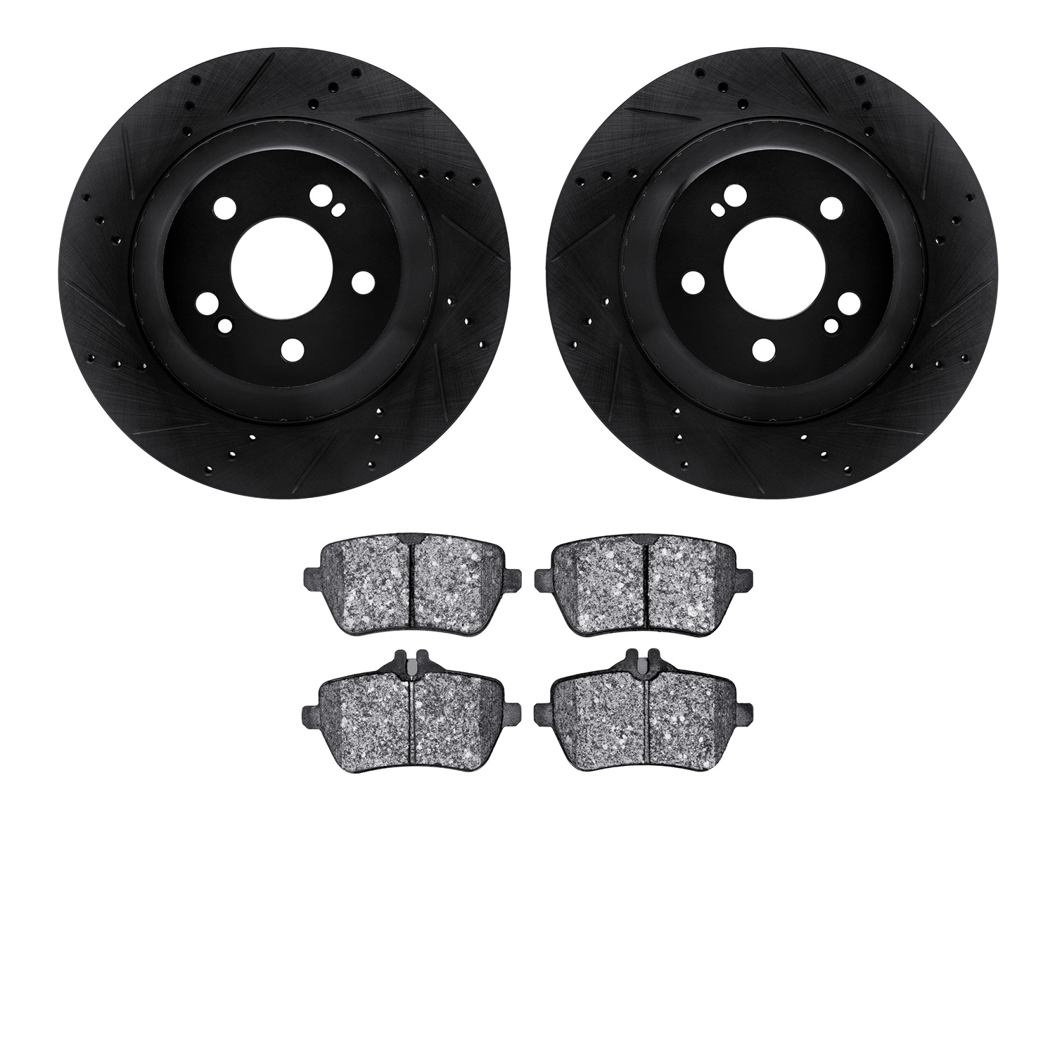 8502-63077 Drilled/Slotted Brake Rotors w/5000 Advanced Brake Pads Kit [Black], 2015-2021 Mercedes-Benz, Position: Rear