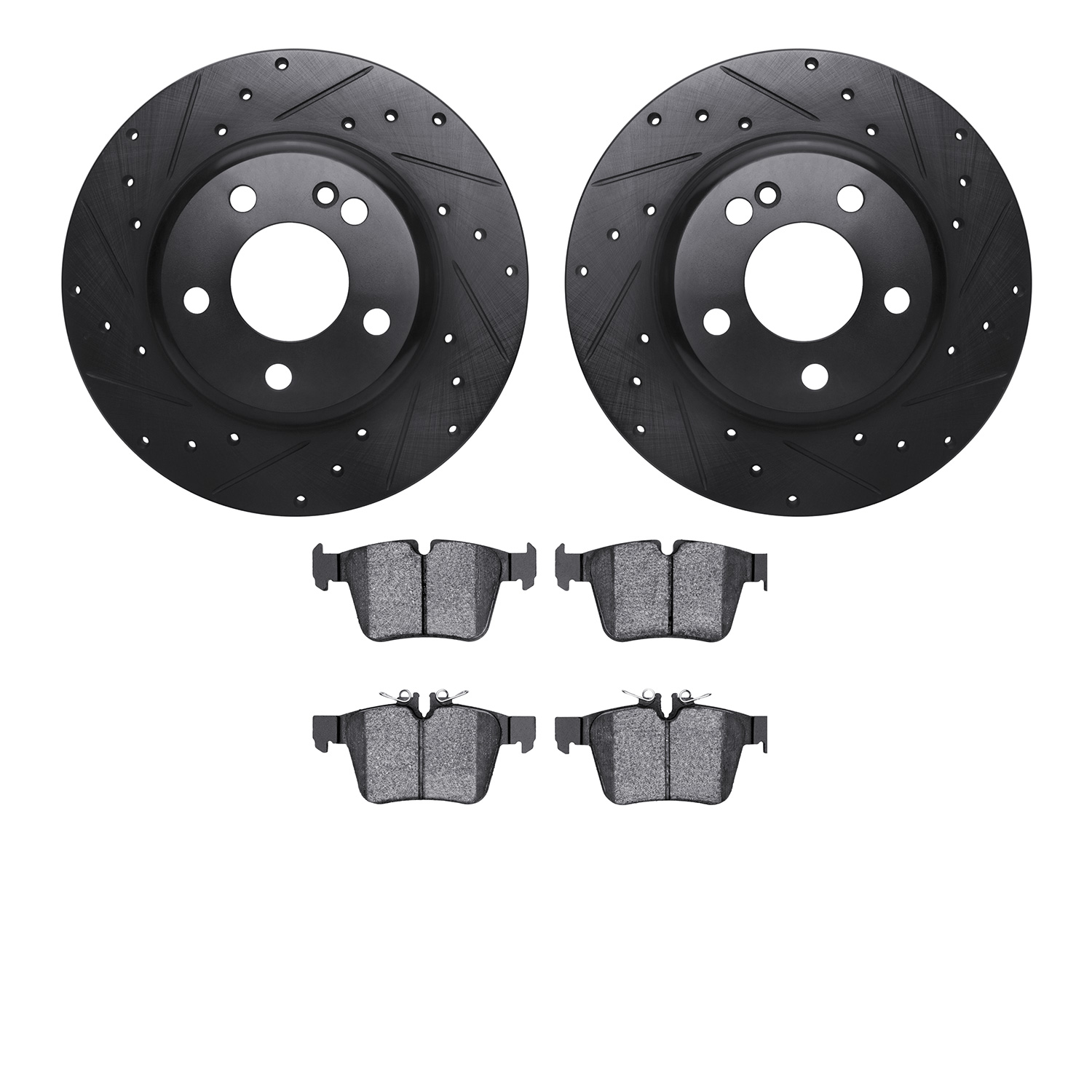 8502-63081 Drilled/Slotted Brake Rotors w/5000 Advanced Brake Pads Kit [Black], 2015-2021 Mercedes-Benz, Position: Rear