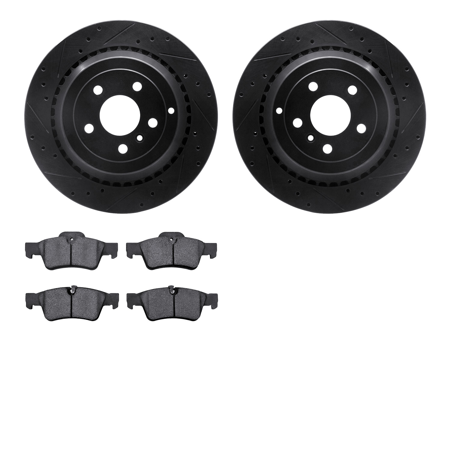 8502-63107 Drilled/Slotted Brake Rotors w/5000 Advanced Brake Pads Kit [Black], 2006-2012 Mercedes-Benz, Position: Rear