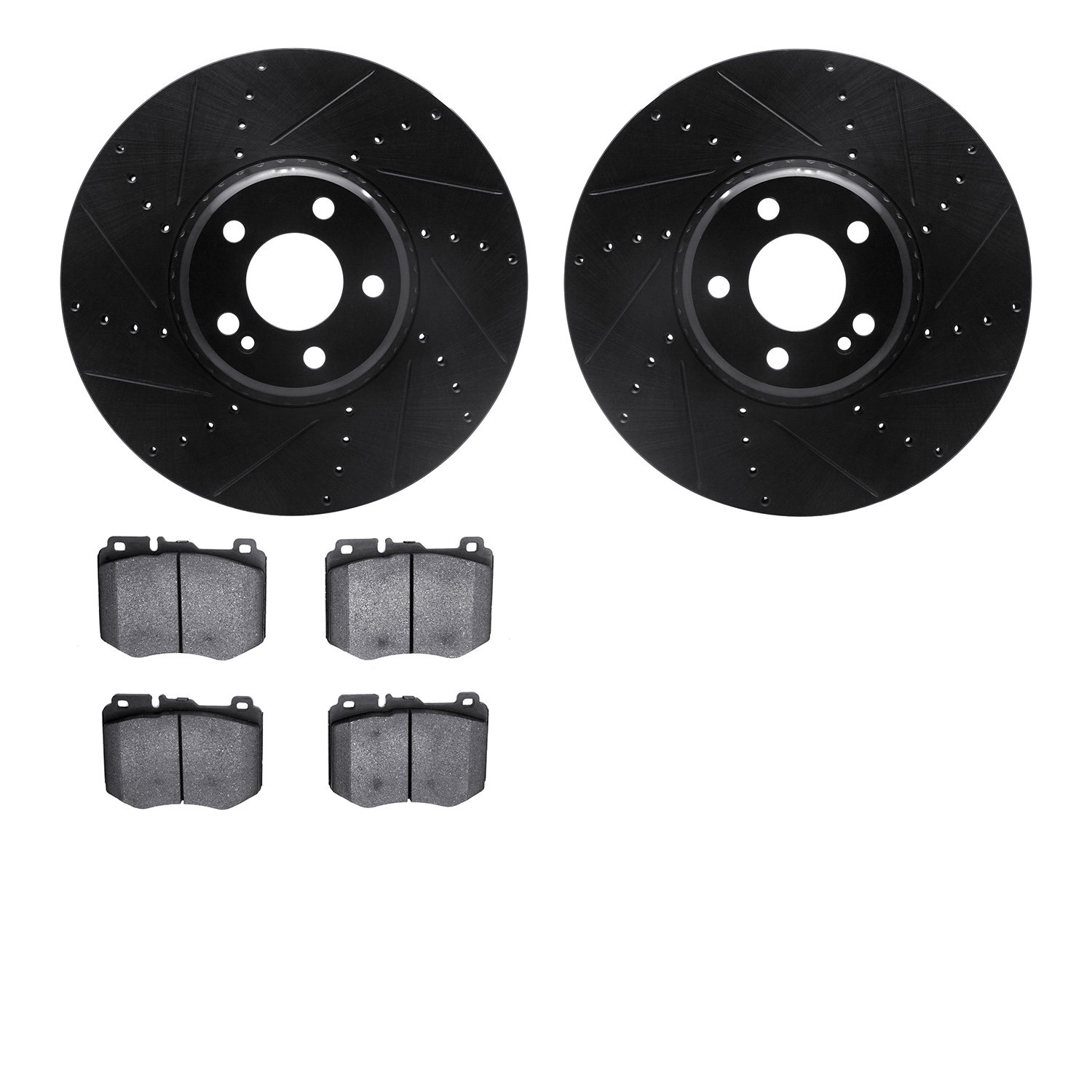 8502-63143 Drilled/Slotted Brake Rotors w/5000 Advanced Brake Pads Kit [Black], Fits Select Mercedes-Benz, Position: Front