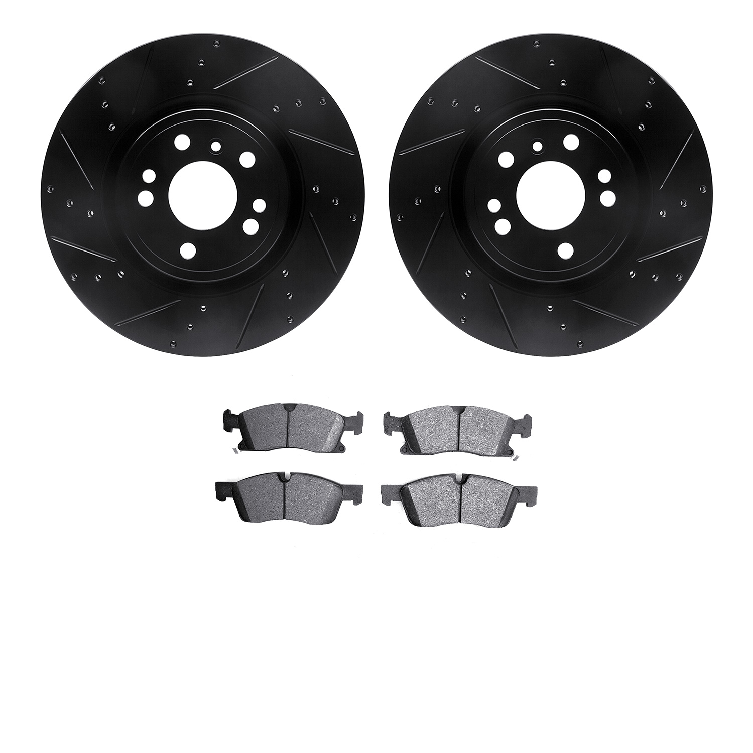 8502-63146 Drilled/Slotted Brake Rotors w/5000 Advanced Brake Pads Kit [Black], 2012-2018 Mercedes-Benz, Position: Front