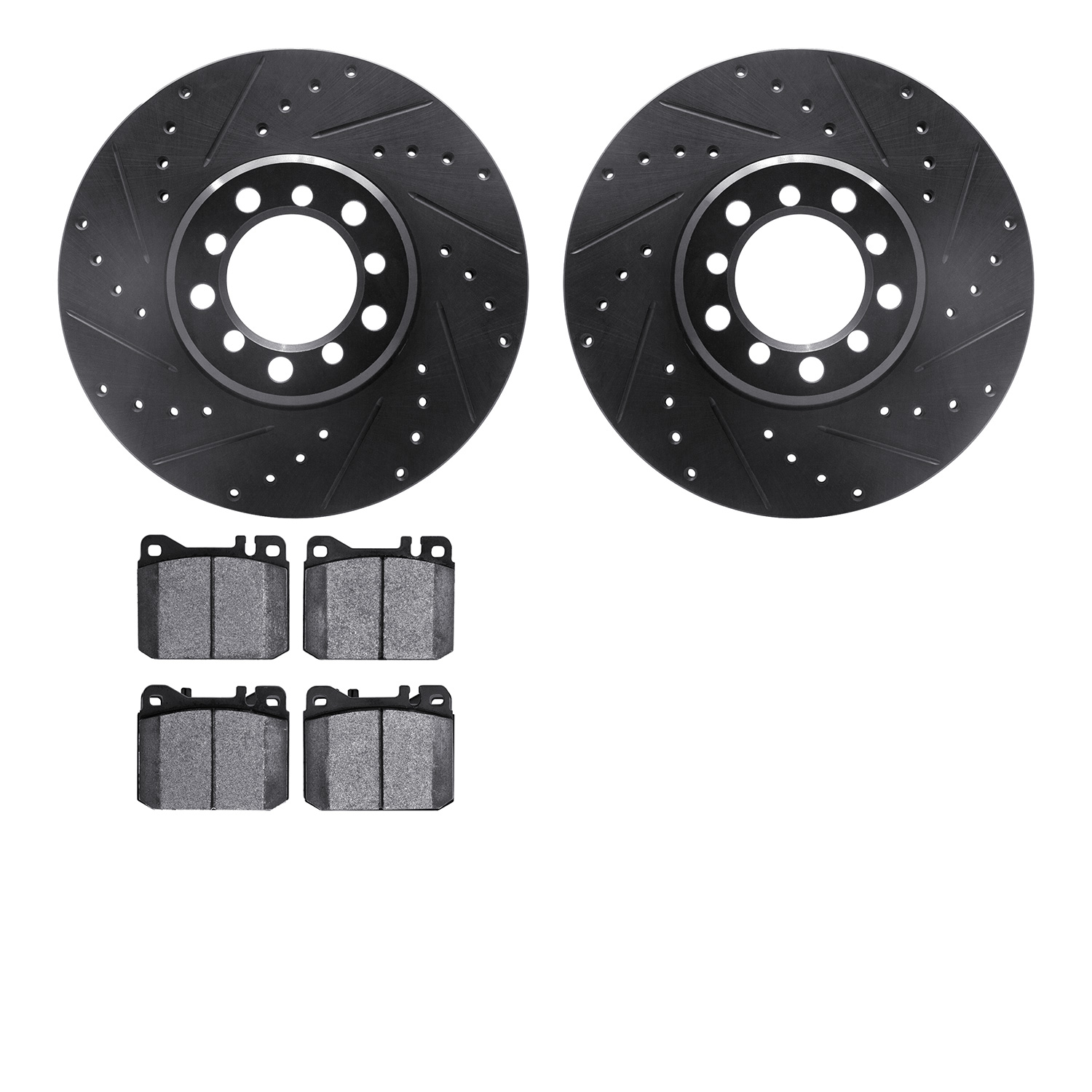 8502-63200 Drilled/Slotted Brake Rotors w/5000 Advanced Brake Pads Kit [Black], 1985-1991 Mercedes-Benz, Position: Front