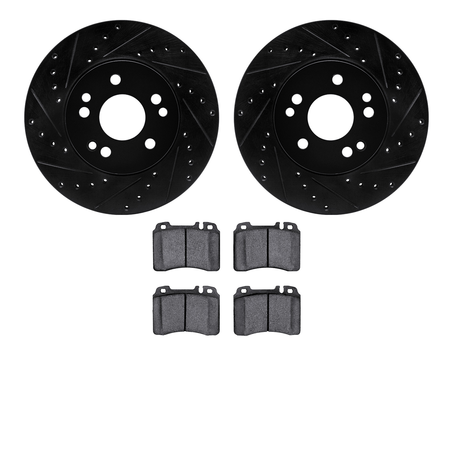 8502-63209 Drilled/Slotted Brake Rotors w/5000 Advanced Brake Pads Kit [Black], 1990-1995 Mercedes-Benz, Position: Front