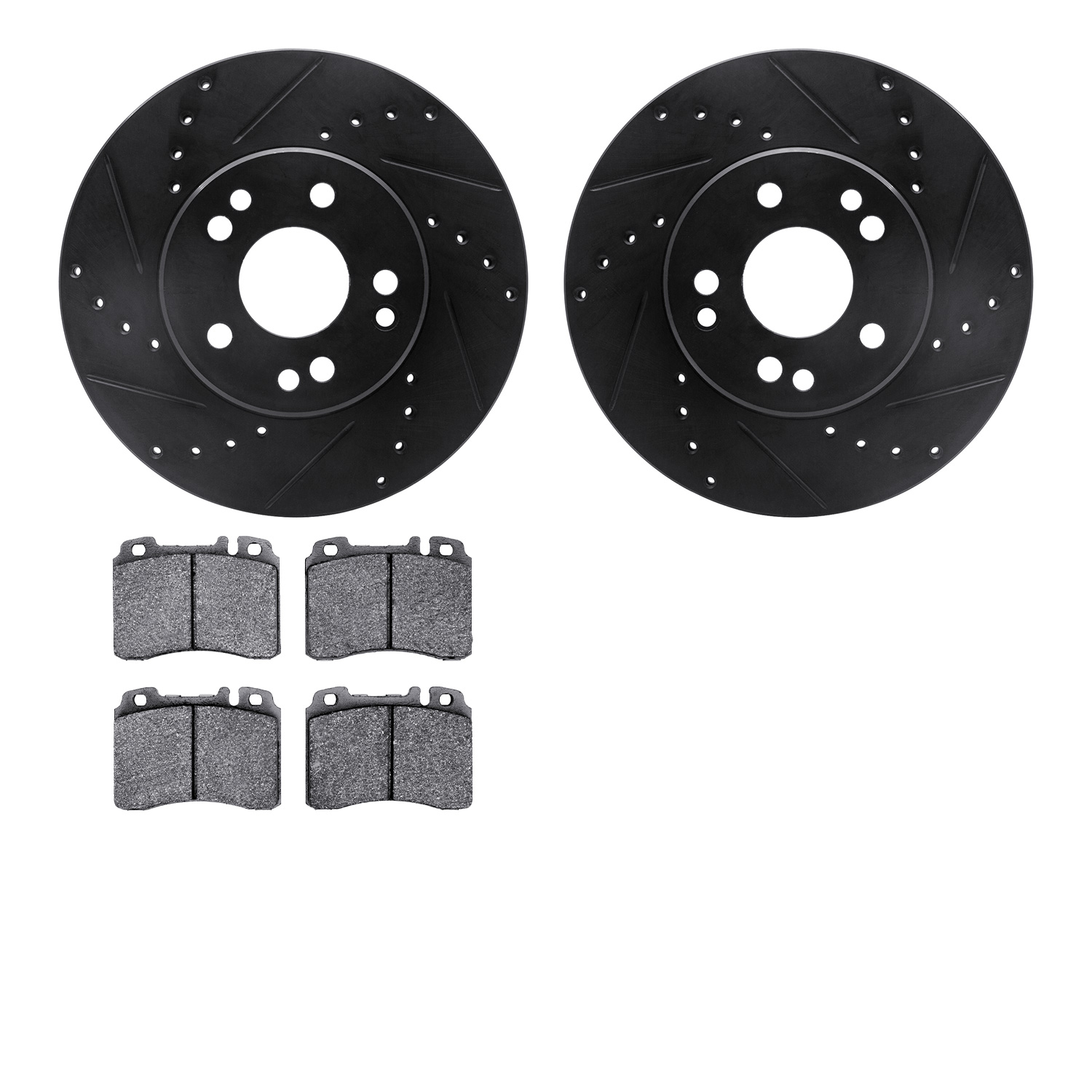 8502-63243 Drilled/Slotted Brake Rotors w/5000 Advanced Brake Pads Kit [Black], 1990-1995 Mercedes-Benz, Position: Front