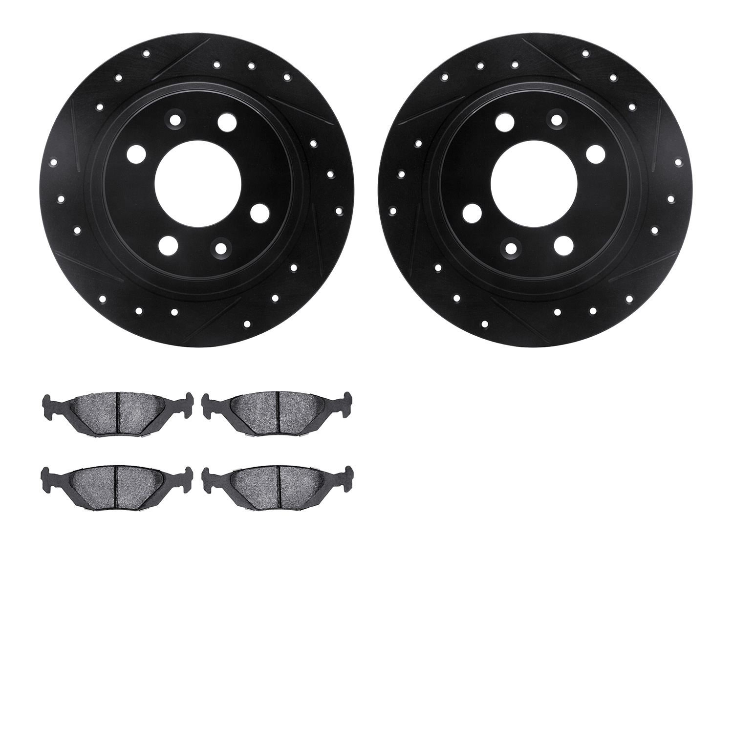 8502-65008 Drilled/Slotted Brake Rotors w/5000 Advanced Brake Pads Kit [Black], 1986-1998 GM, Position: Rear