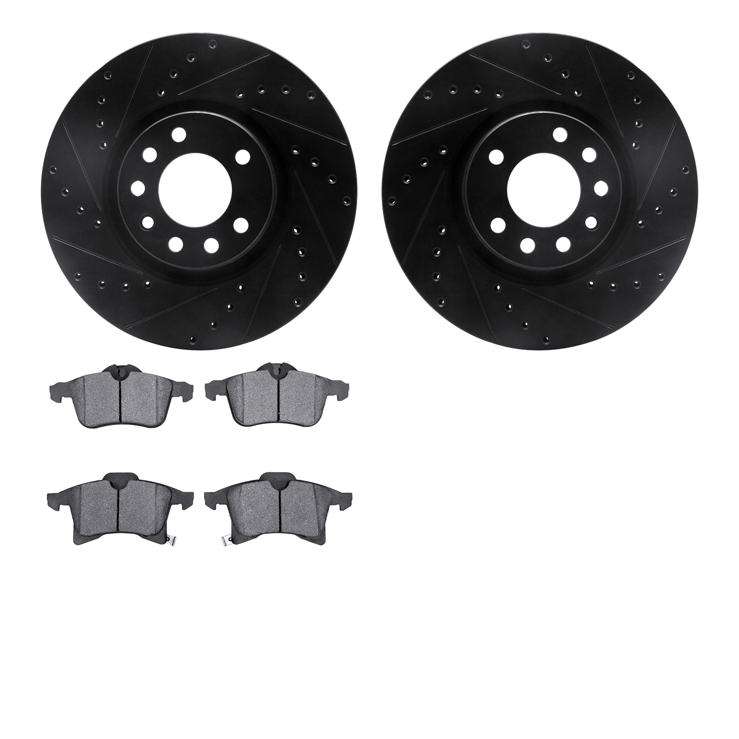 8502-65014 Drilled/Slotted Brake Rotors w/5000 Advanced Brake Pads Kit [Black], 2004-2008 GM, Position: Front