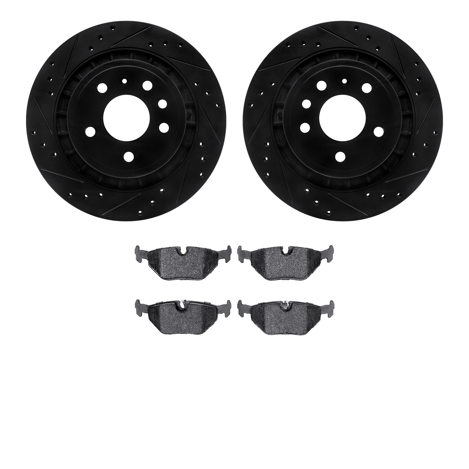 8502-65015 Drilled/Slotted Brake Rotors w/5000 Advanced Brake Pads Kit [Black], 2002-2010 GM, Position: Rear